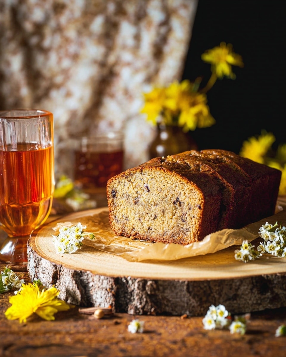 A sliced loaf of brown, textured cake with visible small dark specks sits on a light wooden round slab with bark edges, lined with parchment paper. Around the slab, small white and bright yellow flowers add a decorative touch. To the left, a clear glass filled with amber-colored liquid is visible. The setting is on a brown textured table with a white marbled backdrop. Warm lighting highlights the details and texture of the cake and flowers. photo taken with an iphone --ar 4:5 --v 7