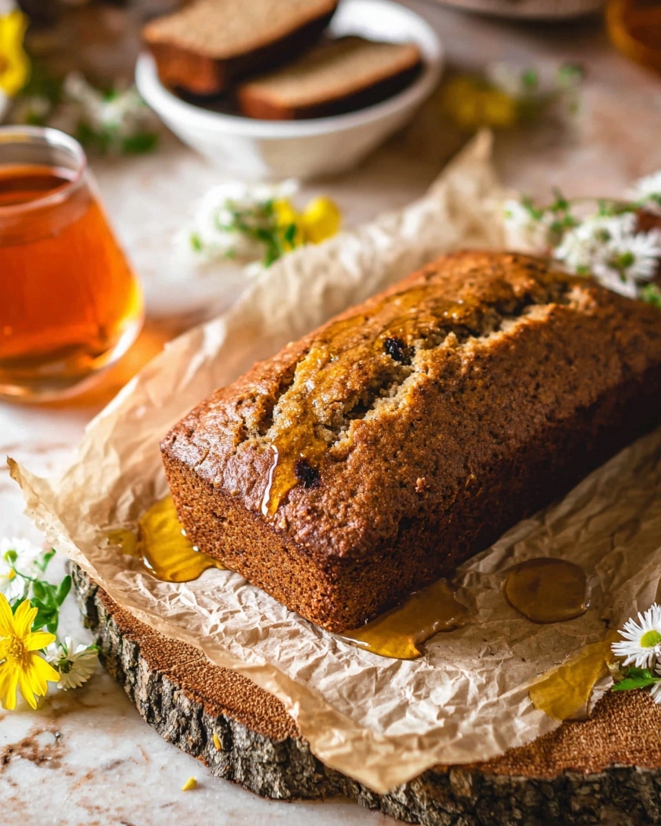 A close-up of a rectangular brown banana bread loaf with a cracked and textured top crust, resting on crinkled parchment paper with drops of golden honey spread over it; the loaf has visible small dark bits inside, showing its moist crumb. It is placed on a round wooden slab with bark edges, and fresh small white and yellow flowers are beside the loaf adding a natural touch. In the blurred background, there is a white bowl with dark brown slices of bread and a glass of amber-colored drink. The surface underneath is a white marbled texture. Photo taken with an iphone --ar 4:5 --v 7