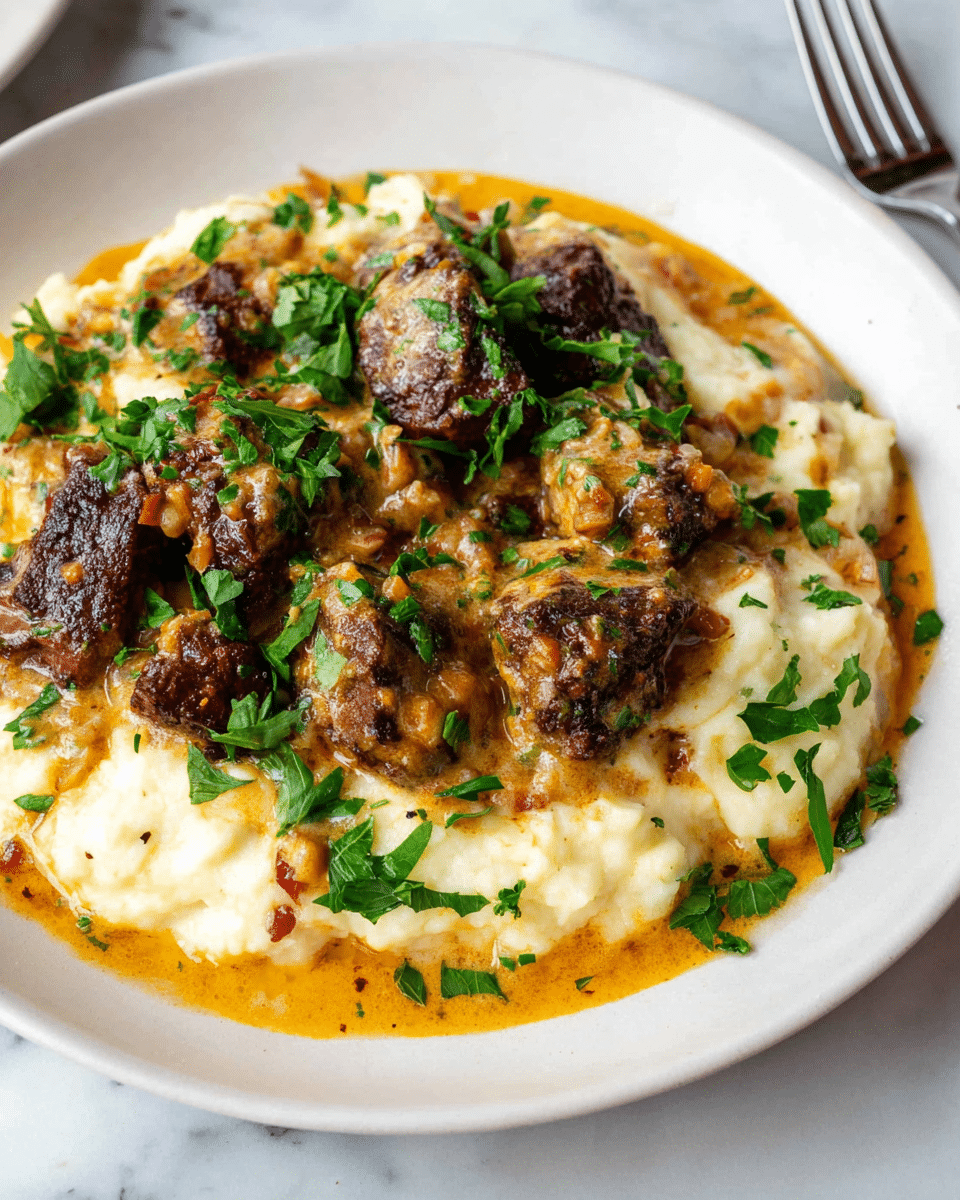 A white plate holds a dish with two main layers: the bottom is creamy mashed potatoes with visible bits of red skin, soft and smooth in texture, spreading flat over the plate; on top are several pieces of dark brown, grilled meat chunks with a slightly crispy surface. The meat is covered in a light brown sauce with small bits of herbs and spices, drizzled over both the meat and potatoes. Fresh green chopped parsley is sprinkled generously over the whole dish, adding a pop of color. The plate sits on a white marbled surface, and a fork is visible at the top right corner. photo taken with an iphone --ar 4:5 --v 7