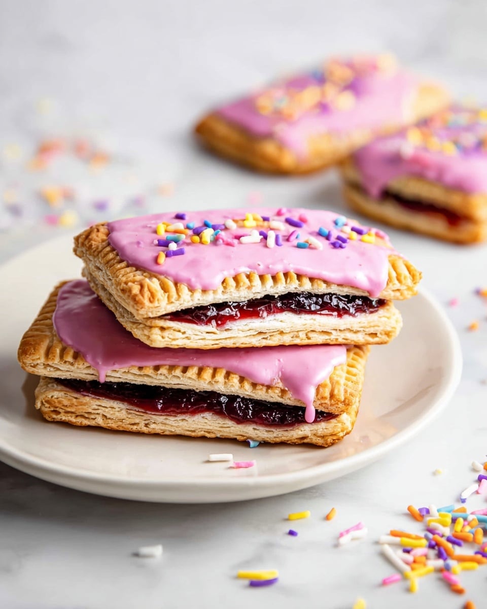 The image shows three rectangular toaster pastries on a white plate with a white marbled texture beneath. Two pastries are stacked, each with two main layers: a golden-brown flaky crust on the bottom and top, with a dark purple berry filling layer in the middle. The top crust is covered with bright pink icing, dripping slightly down the sides, and decorated with small, colorful sprinkles in shades of yellow, purple, and blue. The third pastry lies flat behind the stack, showing similar details. More colorful sprinkles are scattered around on the white marbled surface. photo taken with an iphone --ar 4:5 --v 7