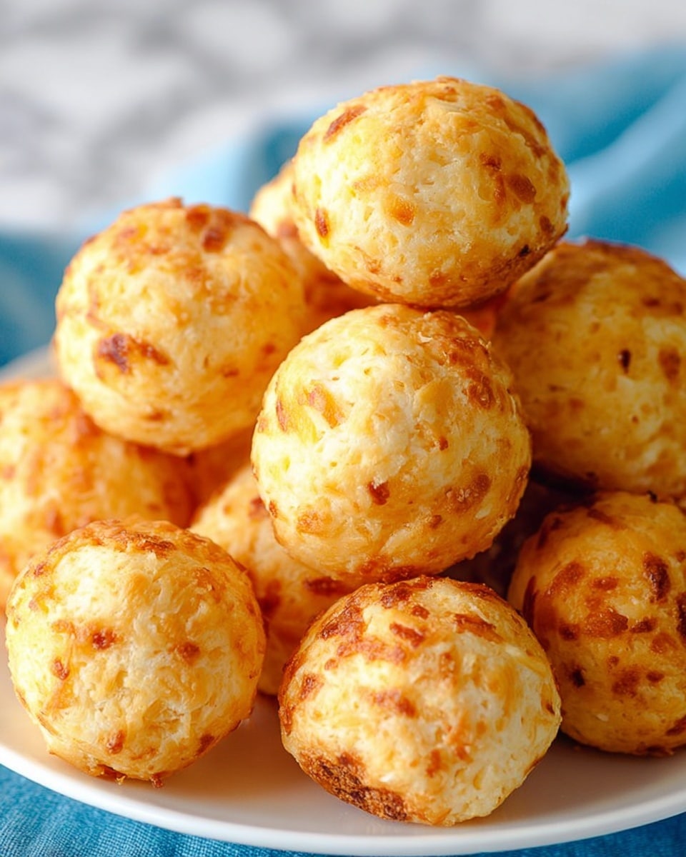 A close-up of a pile of round, golden brown cheese bread balls with a rough, textured surface showing small bits of grated cheese baked into the dough, stacked on a white plate with a blue cloth in the blurred background, all placed on a white marbled texture. Photo taken with an iphone --ar 4:5 --v 7
