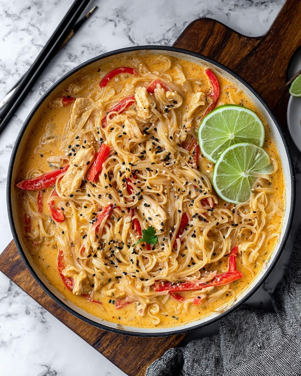 A white pan filled with creamy orange sauce containing thin white noodles, pieces of light brown chicken, and bright red sliced bell peppers, topped with black and white sesame seeds. On top of the noodles, two lime wedges with a fresh green skin are placed near the edge. The pan sits on a dark wooden board and a pair of black chopsticks is visible at the top left. The background is a white marbled texture with a gray cloth napkin on the right side. Photo taken with an iphone --ar 4:5 --v 7