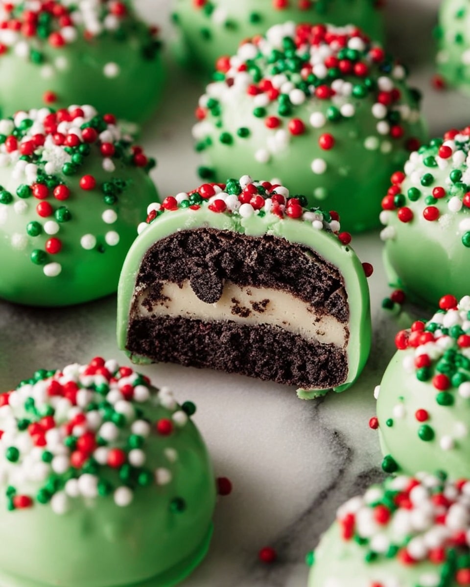 A close-up view of round treats coated in shiny green chocolate, each topped with small red, white, and green round sprinkles. One treat is cut in half, showing three layers inside: a dark brown cookie crumb layer in the middle, a light beige cream layer surrounding it, and a thin green chocolate outer layer. The treats rest on a white marbled surface. Photo taken with an iphone --ar 4:5 --v 7