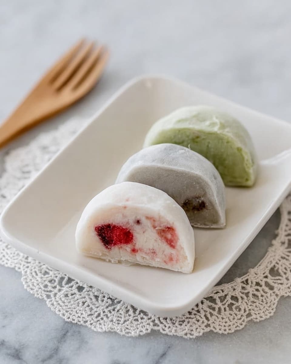 Three pieces of mochi sit in a single row on a white square plate with slightly curved edges. Each mochi is cut in half to show the inside layers clearly. The first mochi on the right has a white outer layer with a soft, slightly sticky texture and a creamy inside with chunks of red fruit. The middle one has a similar white outer layer but is filled with a smooth light green paste. The last mochi on the left also has the white outer layer, but its filling is a smooth grey paste with a few small bits. The plate is placed on a white marbled surface, and next to it is a small wooden fork on a lace doily. photo taken with an iphone --ar 4:5 --v 7