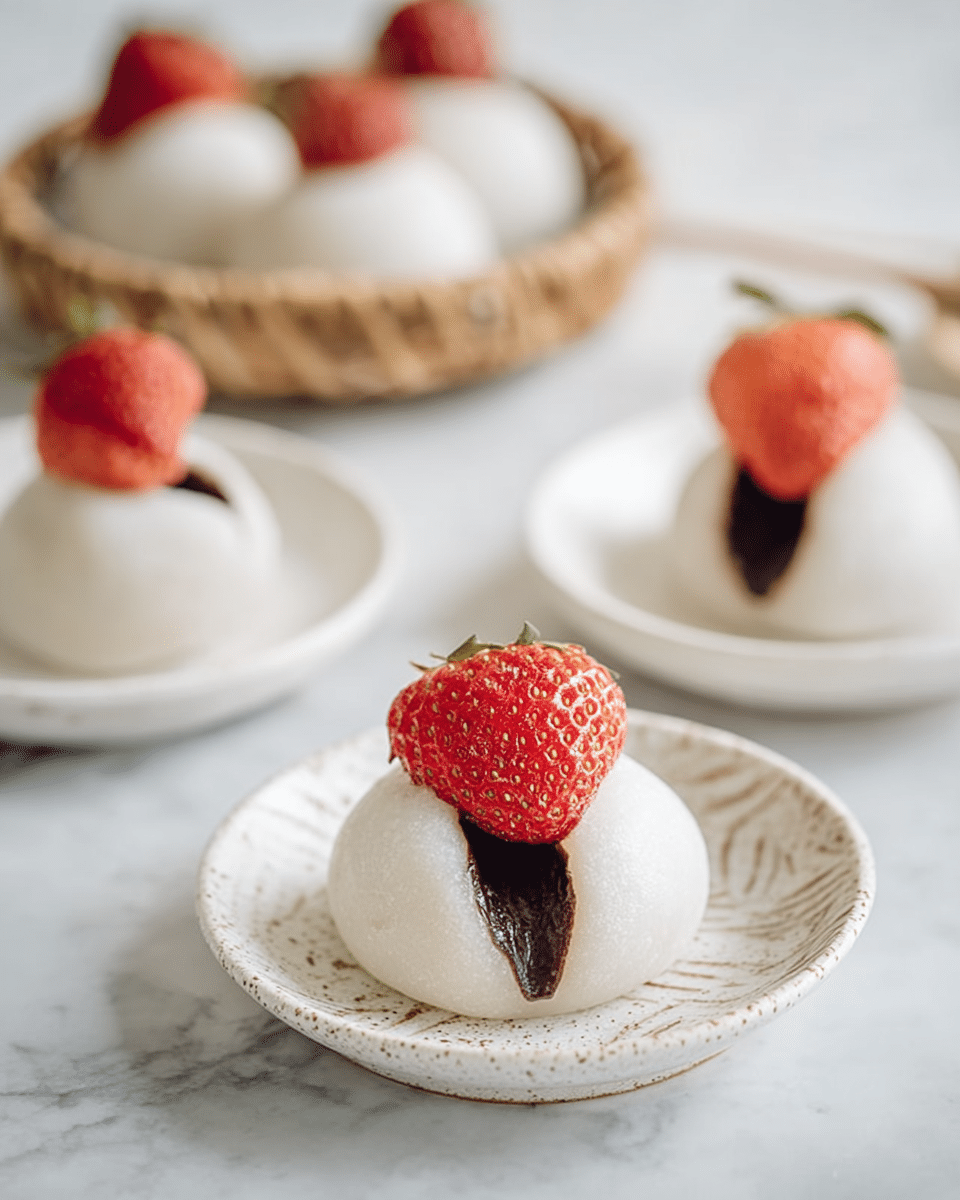 This image shows soft white mochi balls, each with a glossy, smooth texture, placed on small white speckled dishes with light brown patterns. Each mochi is split at the top, revealing a dark chocolate filling inside, with a bright red strawberry sitting on the opening. The strawberries are fresh with visible seeds and a slightly shiny surface. In the background, more mochi are arranged on similar white dishes and a woven basket on a white marbled surface, adding a natural and clean look. The photo focuses on the front mochi with a shallow depth of field. Photo taken with an iphone --ar 4:5 --v 7