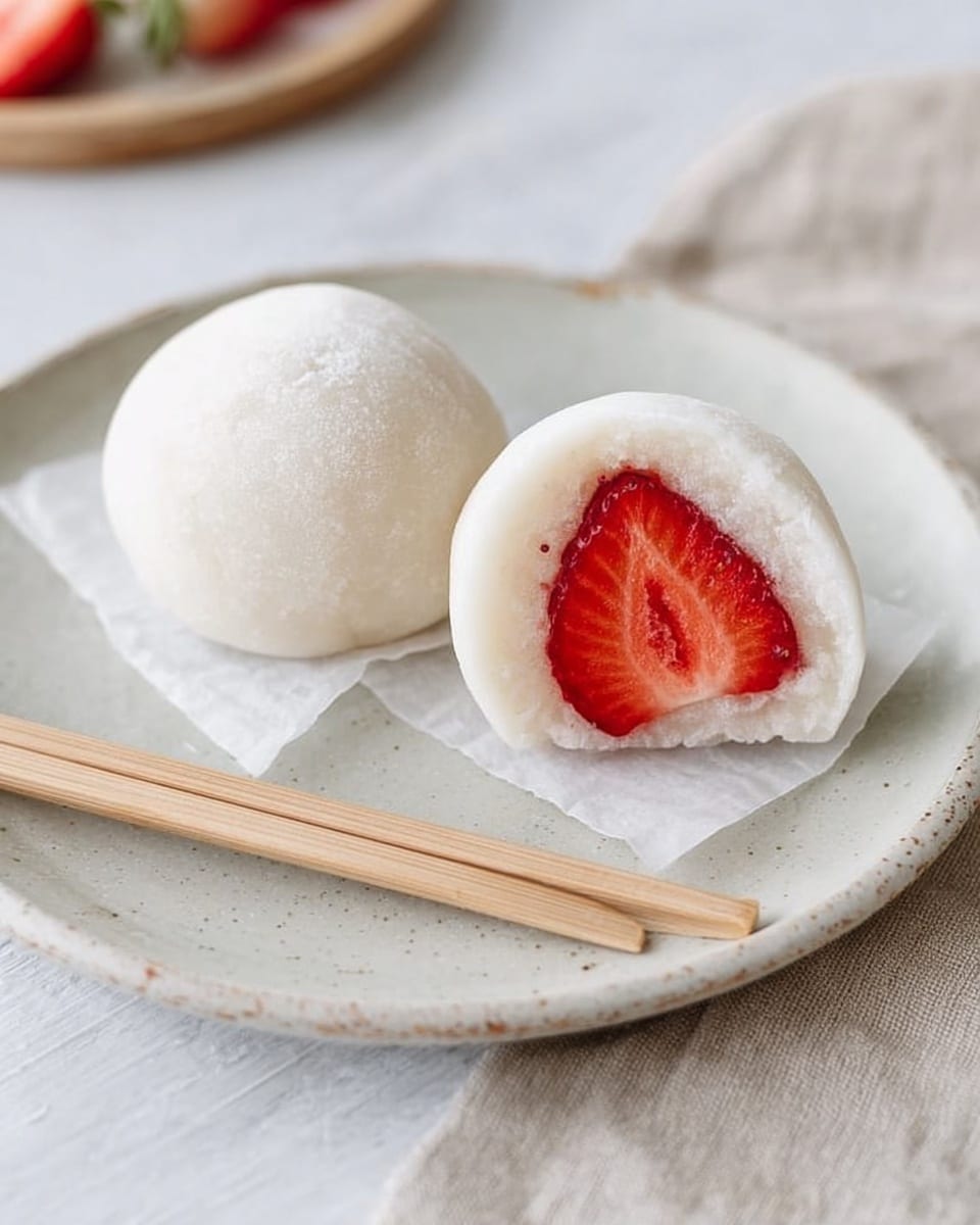 The image shows two round white mochi balls on a white plate with a slightly textured surface. One mochi is whole, smooth, and shiny, while the other is cut in half, revealing a bright red strawberry inside, surrounded by a white, soft, and chewy outer layer. Both mochi sit on a small square piece of translucent paper on the plate. Two small light wooden forks are placed in front of the mochi. The white marbled surface is visible underneath the plate. photo taken with an iphone --ar 4:5 --v 7