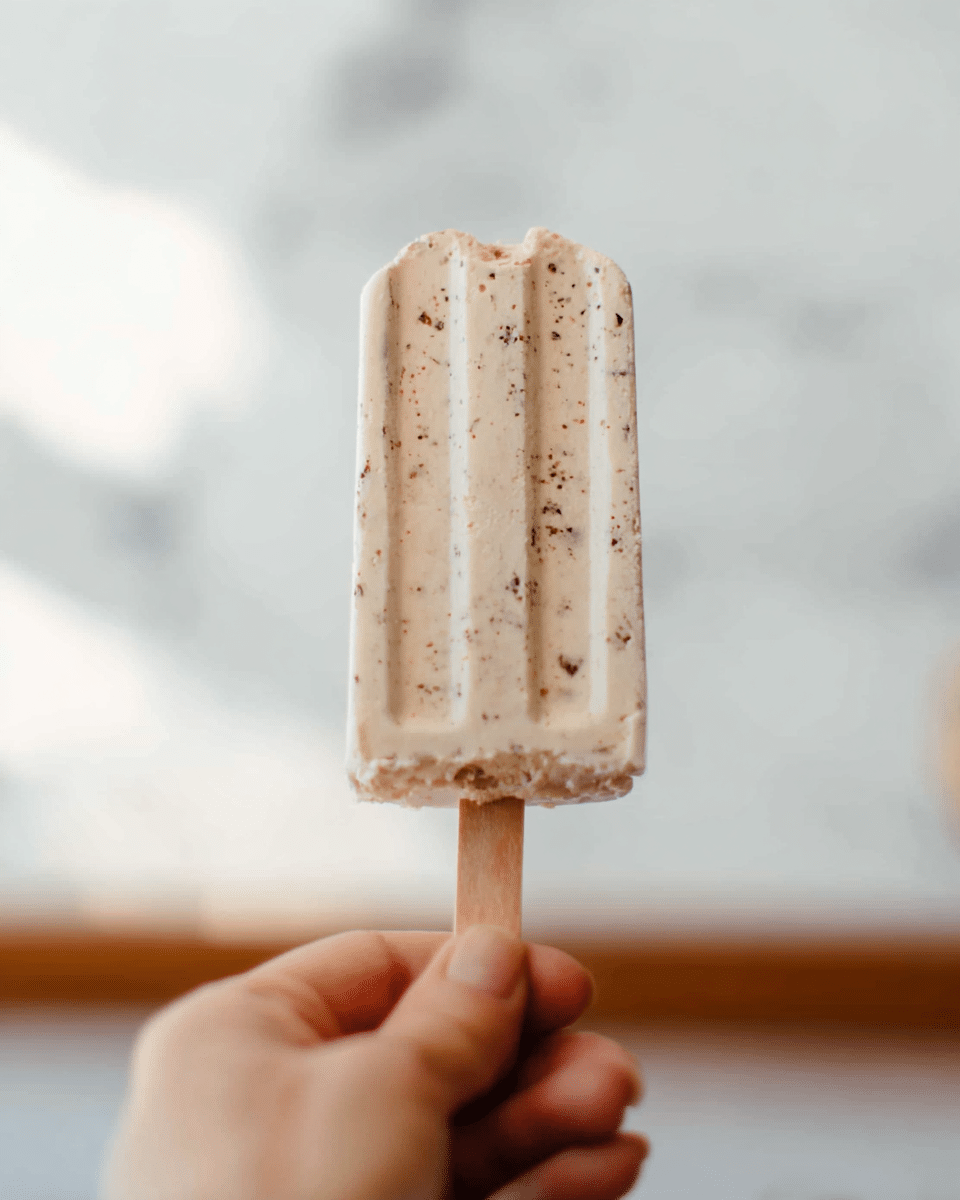 A close-up image of five creamy, beige popsicles with small dark specks, stacked on each other in a neat pile on a white plate with a rough, rustic texture. Each popsicle has a wooden stick, and the popsicles feature horizontal grooves along their sides. The plate sits on a white marbled surface, adding a clean and light background. A soft blurry pink cloth is visible in the top left corner, slightly out of focus, with some scattered small dark spots around the plate photo taken with an iphone --ar 4:5 --v 7