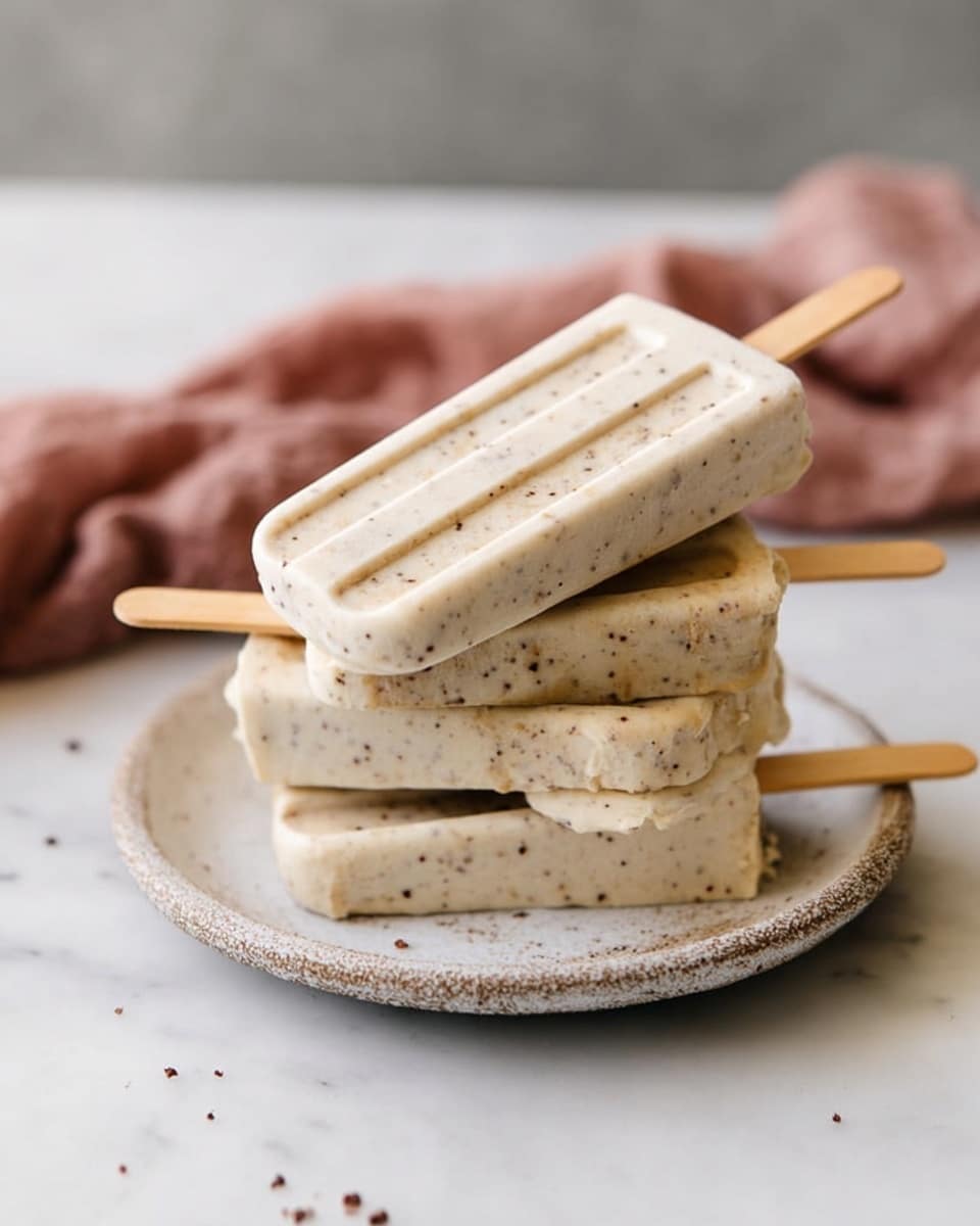 A close-up of a creamy light beige popsicle with small dark specks throughout, showing a slightly textured surface that suggests bits of nuts or chocolate. It is held upright by a woman's hand gripping the wooden stick at the base. The background is softly blurred with a white marbled texture underneath the scene. photo taken with an iphone --ar 4:5 --v 7