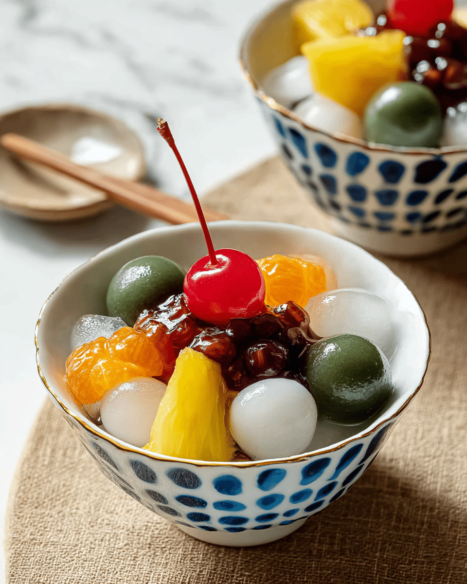 A white bowl with blue dots holds a colorful dessert arranged in layers: at the bottom, clear ice cubes sit beside bright yellow pineapple chunks on one side and orange mandarin segments on the other. Above them are smooth, round white mochi balls and darker green round mochi balls, topped with a glossy, dark red sweet bean mixture that looks sticky and thick. At the very top, a vibrant red cherry adds a pop of color. The bowl is placed on a light brown textured surface with another similar bowl slightly blurred in the background, all set on a white marbled texture. Photo taken with an iphone --ar 4:5 --v 7