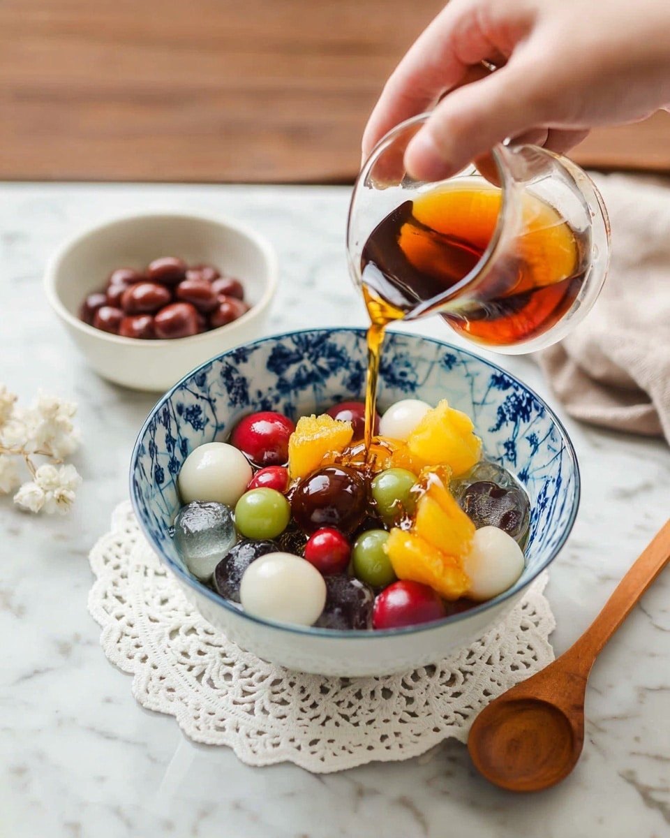 A white bowl with blue patterns holds a layered dessert on a white marbled surface. The base layer consists of clear ice cubes, topped with small dark red beans. On top of the beans are round, colorful mochi balls in white, green, and red. Around the mochi, there are bright yellow-orange fruit segments and pineapple pieces. A clear glass cup held by a woman's hand is pouring a dark amber syrup over the mochi and beans, making the dessert look shiny and fresh. Nearby, there is a white bowl of the same red beans on a white doily and a wooden spoon resting on another white doily. photo taken with an iphone --ar 4:5 --v 7