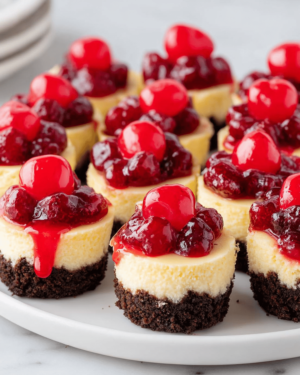 A white plate holds a group of mini cheesecakes, each with three distinct layers. The bottom layer is dark brown, crumbly, and looks like crushed cookies. The middle layer is thick, creamy, and pale yellow, making up the main body of each mini cheesecake. The top layer is bright red, glossy cherry topping with whole cherries, slightly dripping down the sides. The cheesecakes are close together, filling the plate, all shown against a white marbled texture background. Photo taken with an iphone --ar 4:5 --v 7