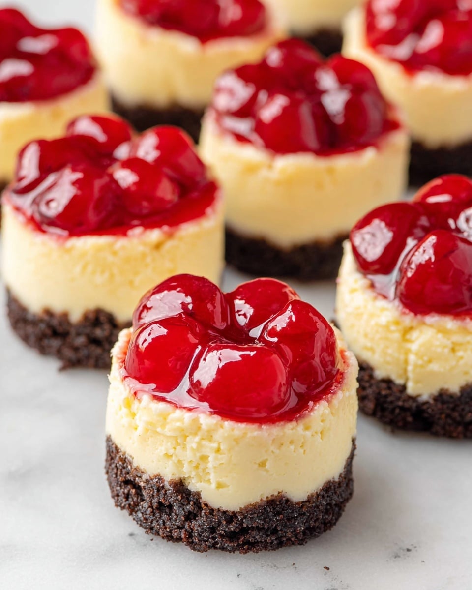 This image shows several mini cheesecakes arranged on a white marbled surface, each with three distinct layers. The bottom layer is dark brown and crumbly like a cookie crust. The middle layer is thick and creamy with a light yellow color and a smooth texture. The top layer is bright red, glossy, and jelly-like with whole cherries embedded in it, creating a shiny and juicy look. The cheesecakes are round, small in size, and evenly topped with the cherry layer that spills slightly over the edges. Photo taken with an iphone --ar 4:5 --v 7