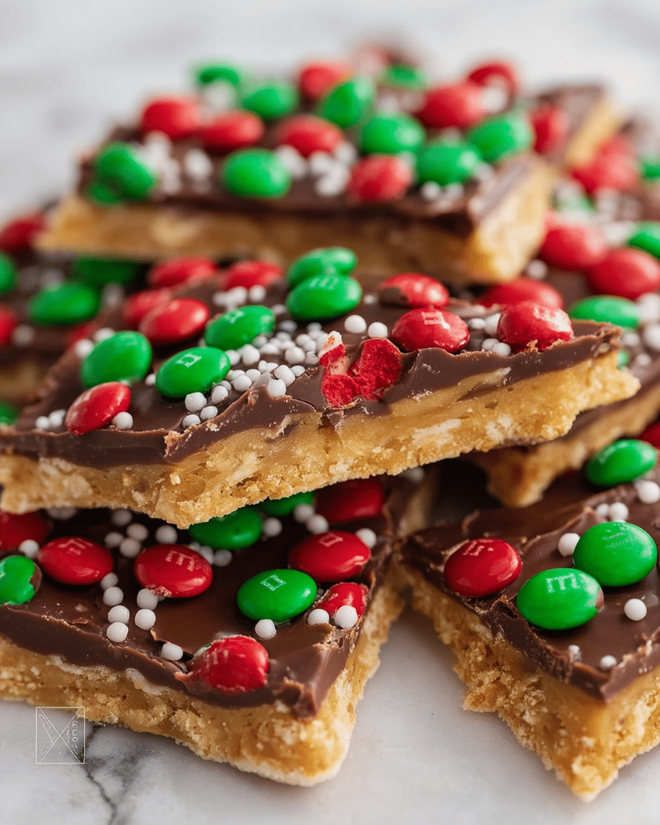 A close-up view of a tall stack of square dessert bars showing three clear layers per piece: a crumbly light golden biscuit base at the bottom, a slightly darker golden caramel or toffee layer in the middle, and a glossy dark chocolate layer on top. The top chocolate layer has a smooth texture with small large salt crystals sprinkled generously over it. The bars have slightly uneven edges and the stack rests on a piece of light parchment paper against a white marbled background. photo taken with an iphone --ar 4:5 --v 7