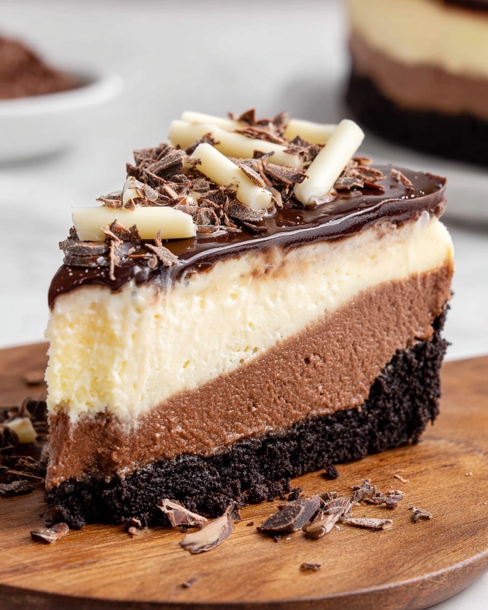 A close-up of a slice of layered cheesecake on a wooden board with a white marbled background. The bottom layer is a dark, crumbly chocolate crust. Above that is a thick, rich chocolate cheesecake layer with a creamy texture. Next is a lighter, smooth vanilla cheesecake layer on top of the chocolate. The top layer is a shiny dark chocolate ganache, covered with small curls of white and dark chocolate. Some chocolate curls are scattered around the slice on the wooden board. Photo taken with an iphone --ar 4:5 --v 7