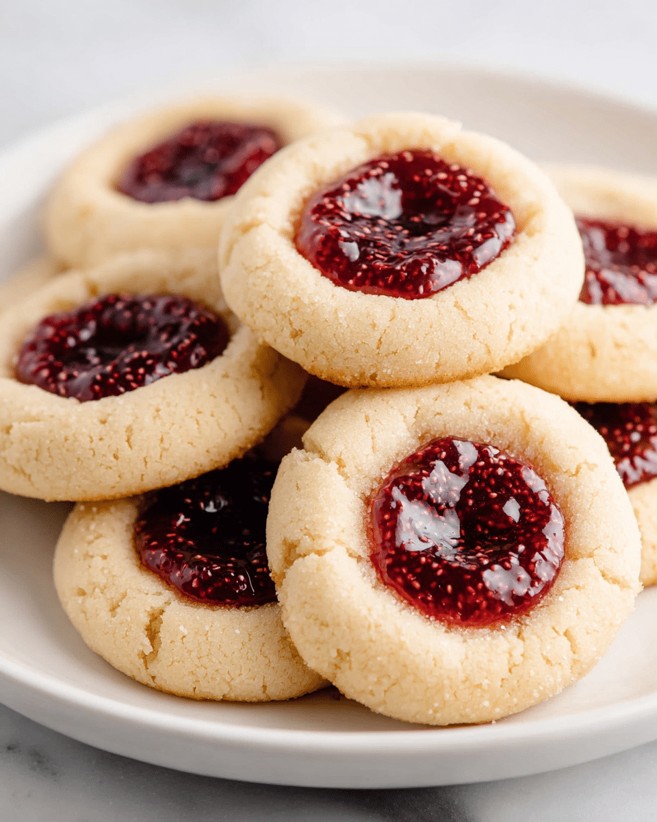 A close-up view of six round thumbprint cookies arranged on a white plate that sits on top of a second white plate, all placed on a white marbled texture. Each cookie has one layer of light beige, soft-looking dough with a smooth texture, and a round well in the center filled with glossy dark red raspberry jam that has small seeds visible, providing a shiny, slightly bumpy surface. The cookies are stacked slightly over each other in a casual pile. Photo taken with an iphone --ar 4:5 --v 7