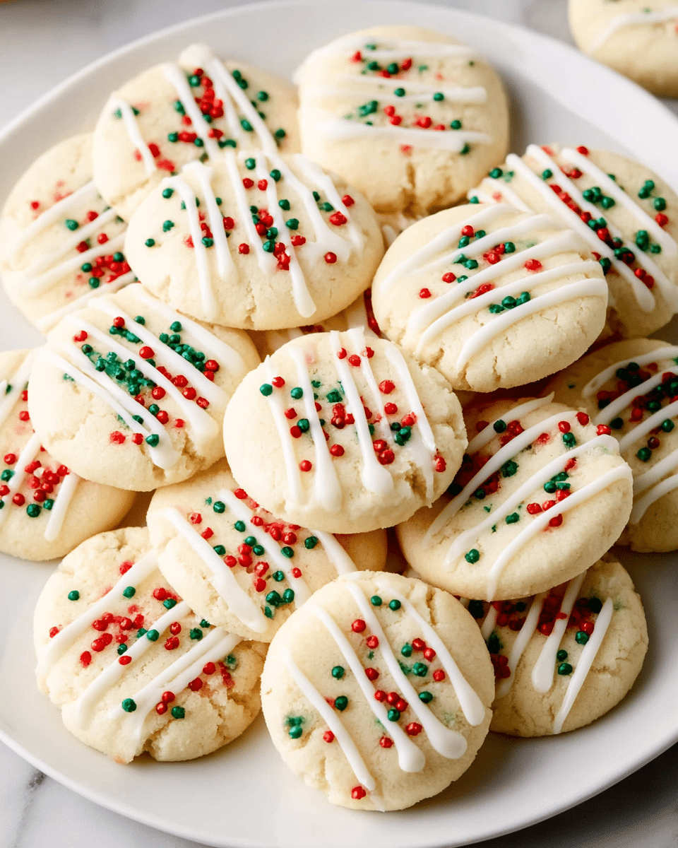 A round white plate holds about twenty small round shortbread cookies arranged in a loose pile. Each cookie is pale cream in color with a smooth texture, topped with thin stripes of white icing in parallel lines across the center. Scattered on the icing are small red, green, and white sprinkles, adding a festive touch. The cookies have a soft, slightly crumbly look, and the entire plate sits on a white marbled surface. photo taken with an iphone --ar 4:5 --v 7