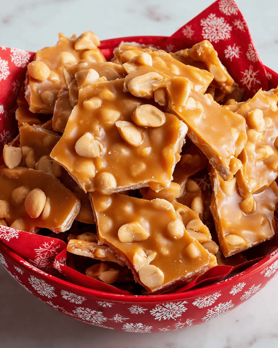 A red bowl with white snowflake designs is filled with broken pieces of peanut brittle. The peanut brittle pieces are mostly square or irregular shapes with a shiny, caramel-colored surface embedded with whole and halved light brown peanuts creating a textured appearance. The brittle has a smooth, glossy finish with a slightly cracked look around the edges, showing a hard and crunchy treat. The bowl is placed on a white marbled texture. photo taken with an iphone --ar 4:5 --v 7
