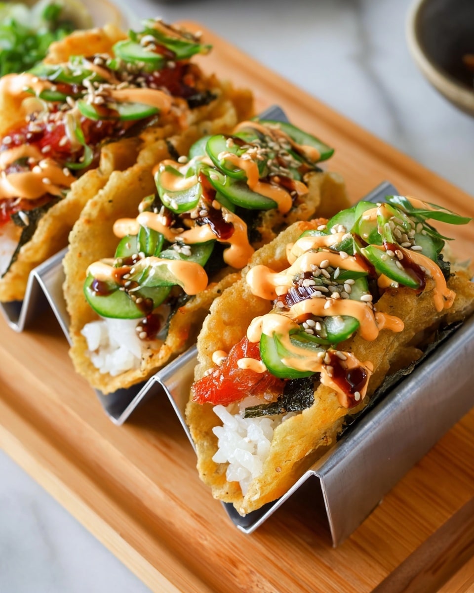 The image shows three crispy fried seaweed tacos arranged in a silver metal taco holder on a wooden board with a white marbled background. Each taco has three visible layers starting with a light golden-brown crunchy shell, filled with white rice inside. The middle layer is bright red spicy fish or meat. The next layer is topped with thinly sliced green cucumber and green onion strips, drizzled with orange spicy mayonnaise sauce and dark brown teriyaki sauce. Light brown sesame seeds sprinkle on top of each taco, adding texture and detail. Photo taken with an iphone --ar 4:5 --v 7
