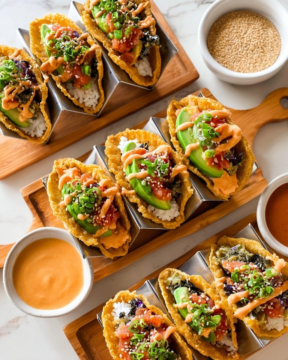 The image shows six mini tacos arranged in two rows on white plates. Each taco has three visible layers: the outer crispy golden brown shell, a middle layer of white rice, and a top layer of bright green avocado slices, red-orange spicy tuna, dark thick sauce, and light orange creamy sauce, all garnished with chopped green onions and light brown sesame seeds. The tacos rest on shiny silver taco holders placed on wooden boards with a small round white bowl of light orange spicy dipping sauce and a small round white bowl of tan sesame seeds beside them. The background is a white marbled texture. Photo taken with an iphone --ar 4:5 --v 7