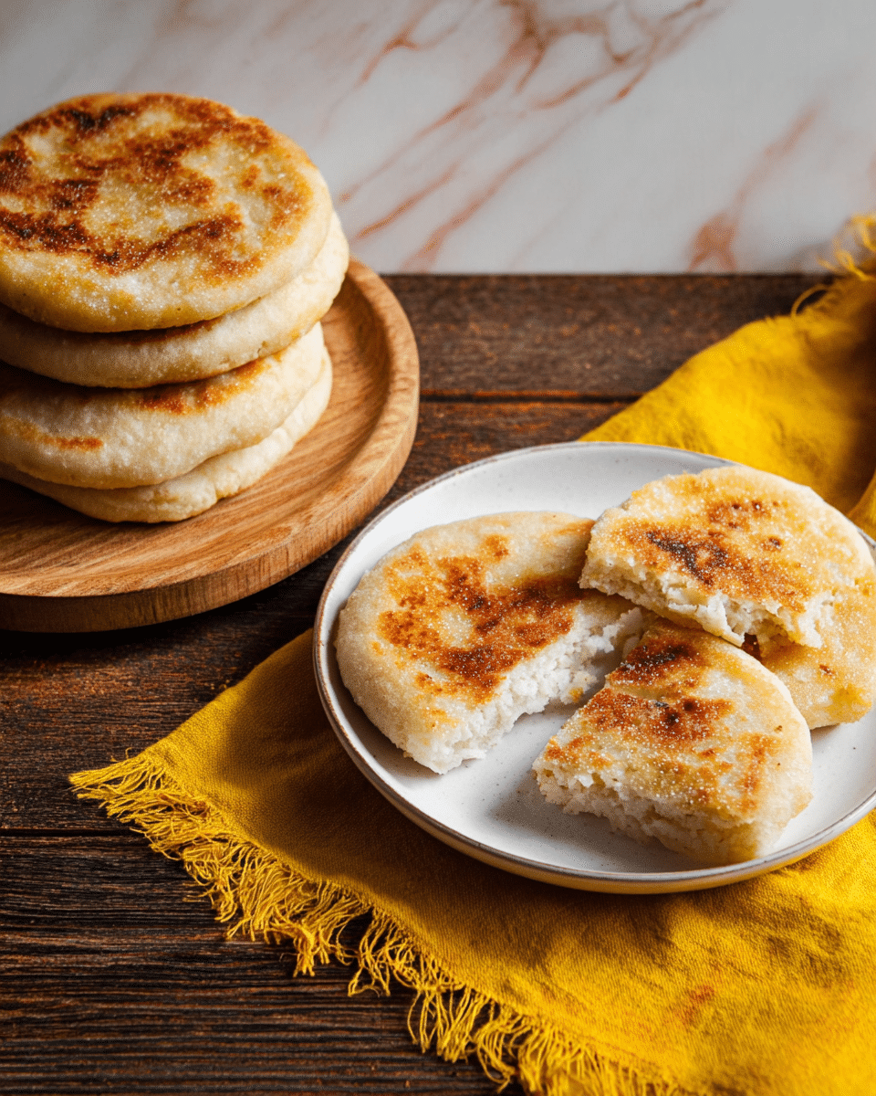 The image shows a white plate with a single flatbread that is broken into three pieces, each piece having a crisp, golden-brown toasted top layer with a slightly grainy texture. The inside looks soft and white, showing a clear contrast between the crunchy outside and the soft inside. Nearby, there is a wooden board holding five more round flatbreads stacked close to each other, all sharing the same golden, toasted exterior and soft texture. The plate sits on a yellow fringed cloth, and the whole scene is set on a dark wooden surface with a white marbled texture background visible. photo taken with an iphone --ar 4:5 --v 7