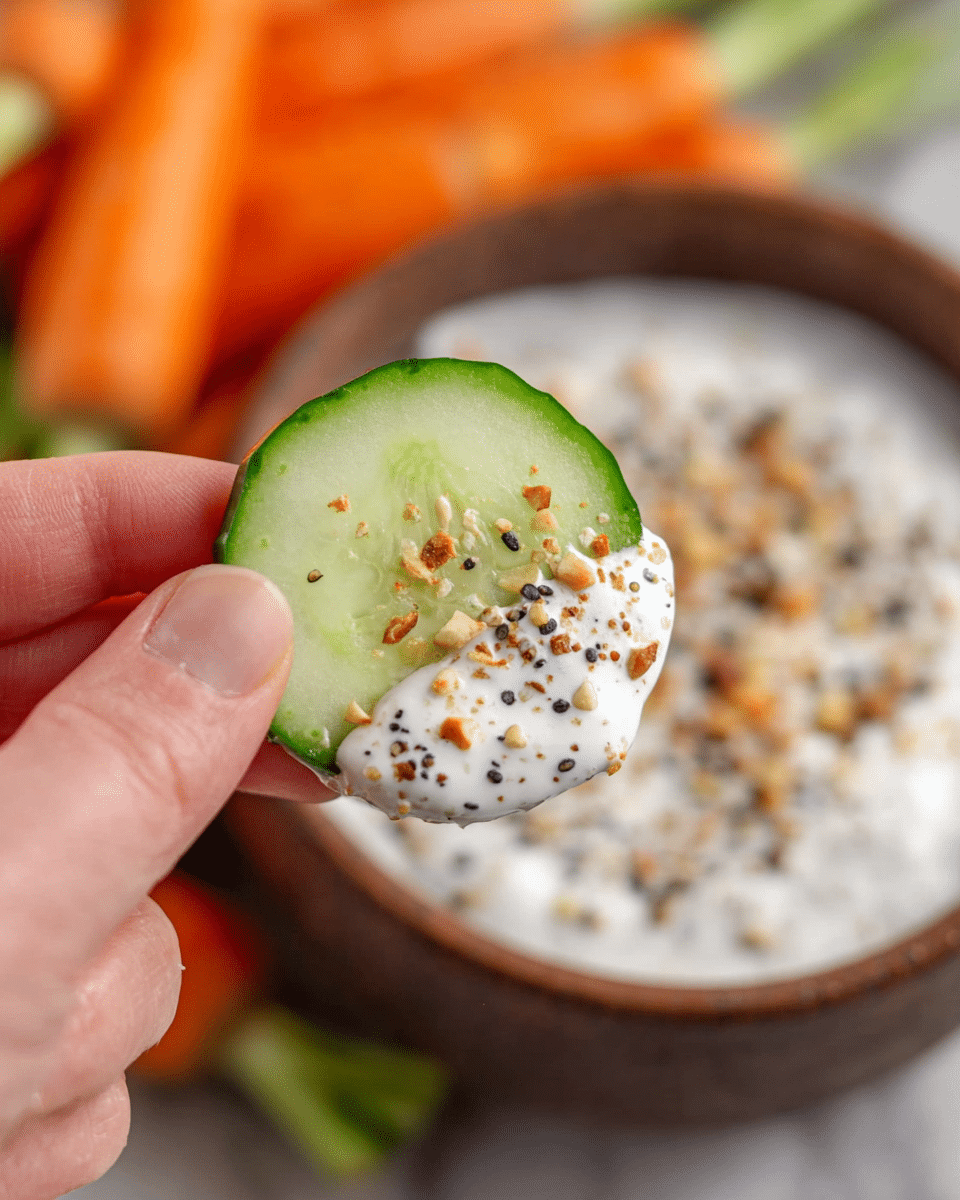 A close-up image of a woman's hand holding a round cucumber slice. The cucumber slice is green with a smooth, fresh texture. Half of the cucumber slice is dipped in a creamy white dip sprinkled with small black and white sesame seeds and light brown crushed nuts on top. In the background, a brown bowl filled with the same white creamy dip with the same seed and nut topping is visible, sitting on a white marbled surface. There are blurred orange baby carrots with green tops in the background. photo taken with an iphone --ar 4:5 --v 7