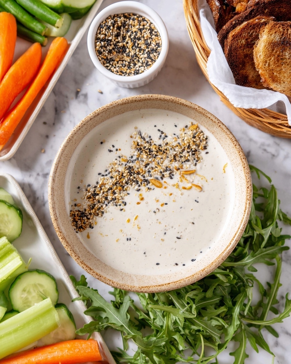 A light beige bowl with a slightly rough texture holds a creamy white sauce with tiny black specks, topped with a mix of golden and black seeds sprinkled in a loose line across the center. Surrounding the bowl on a white marbled surface are fresh green arugula leaves, a small white cup filled with the same seed mix, a white basket lined with parchment paper holding slices of dark, toasted bread, and a tray with sliced cucumbers, whole baby cucumbers, carrots, and snap peas. photo taken with an iphone --ar 4:5 --v 7