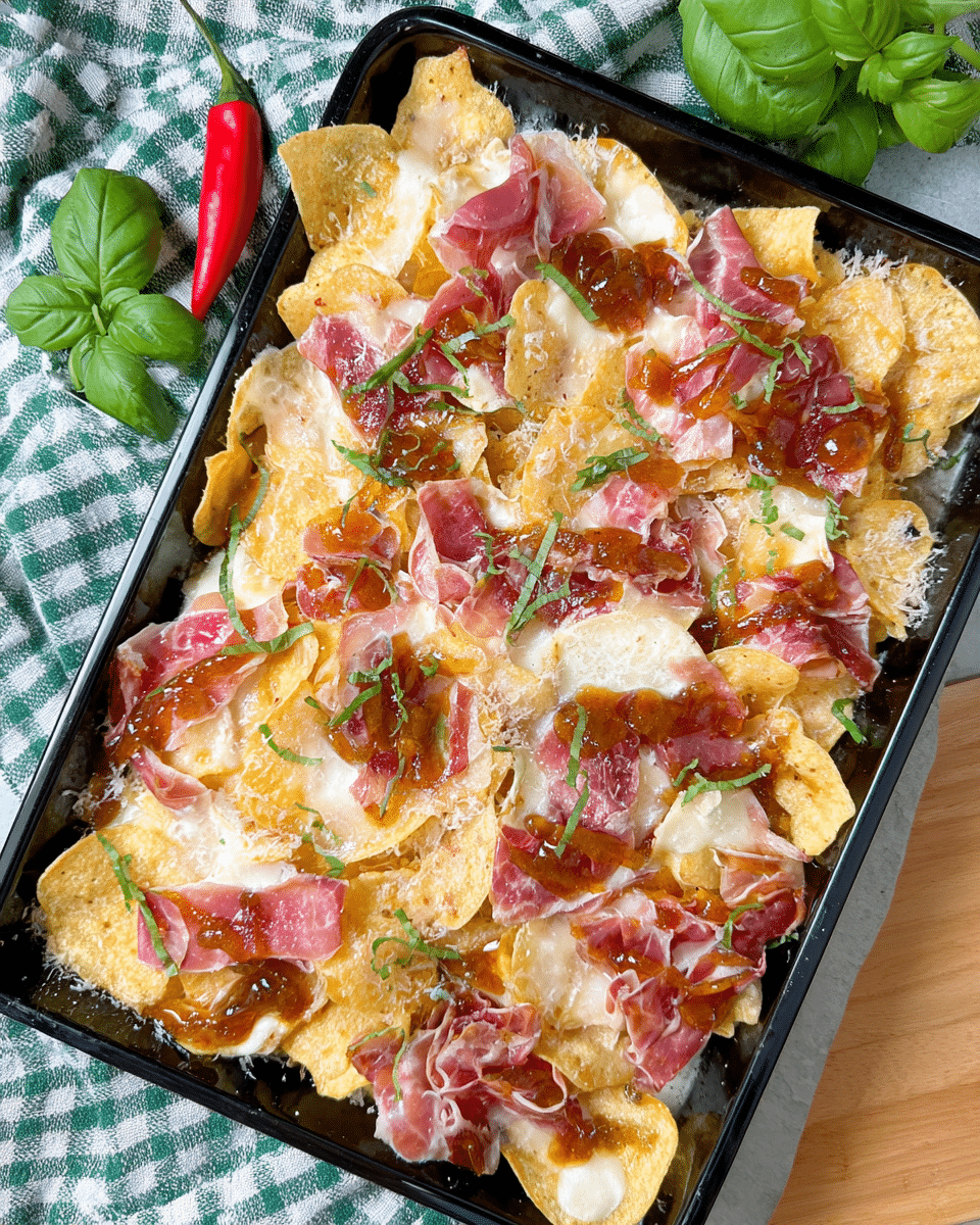 The image shows a black rectangular tray filled with several layers of potato chips as the base, light yellow with a crispy texture. On top, there are scattered thin slices of pink and red cured meats, some pieces slightly translucent. Melted white cheese is unevenly spread over the chips, creating gooey patches with a smooth texture. There are also small dollops of amber-brown sauce placed randomly on top. Thin slivers of fresh green herbs are sprinkled over everything, adding color contrast. The tray sits on a white marbled textured surface, with a green and white checkered cloth, fresh green basil leaves, and a red chili pepper nearby. Photo taken with an iphone --ar 4:5 --v 7