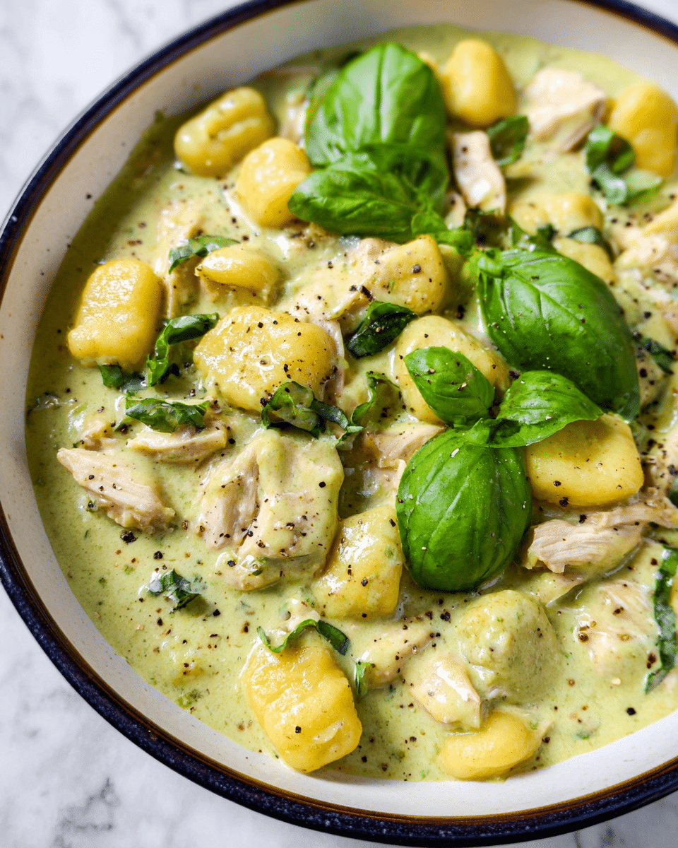 The image shows a close-up of a creamy dish in a white bowl with a dark rim, filled with soft, yellow gnocchi pieces mixed in a thick, light green sauce. There are chunks of cooked chicken scattered throughout, slightly browned and tender. Fresh, bright green basil leaves lay on top, adding a fresh contrast to the creamy sauce. Small specks of black pepper are sprinkled evenly across the surface, enhancing texture and color. The bowl sits on a white marbled surface, and the scene has a fresh and appetizing look. Photo taken with an iphone --ar 4:5 --v 7