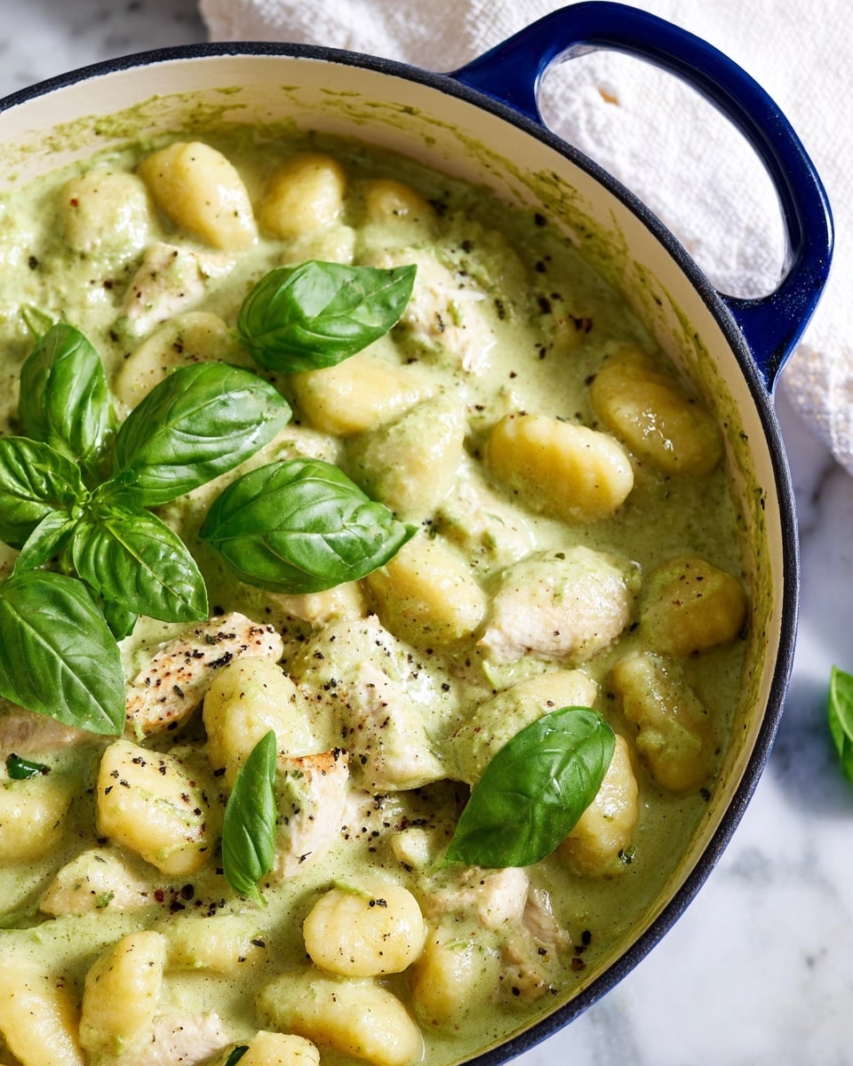 This close-up shows a white pot with a blue handle filled with creamy gnocchi in a green pesto sauce. The dish has two main layers: the gnocchi and small chicken pieces covered by a thick, smooth, light green sauce speckled with black pepper. Fresh bright green basil leaves are placed on top, adding a fresh look. The pot sits on a white marbled surface with a soft white cloth blurred in the background. Photo taken with an iphone --ar 4:5 --v 7