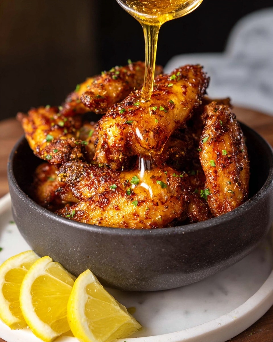 A close-up view of a bowl filled with golden-brown fried chicken wings, showing a crispy skin with visible spice specks and small green herb bits scattered on top. A rich, glossy honey-like sauce is being poured over the wings, dripping down in thick drops. The bowl is dark-colored and sits on a white plate, with two fresh yellow lemon wedges placed in front on a white marbled surface. The lighting highlights the shiny texture of the sauce and the crunchy details of the wings. photo taken with an iphone --ar 4:5 --v 7