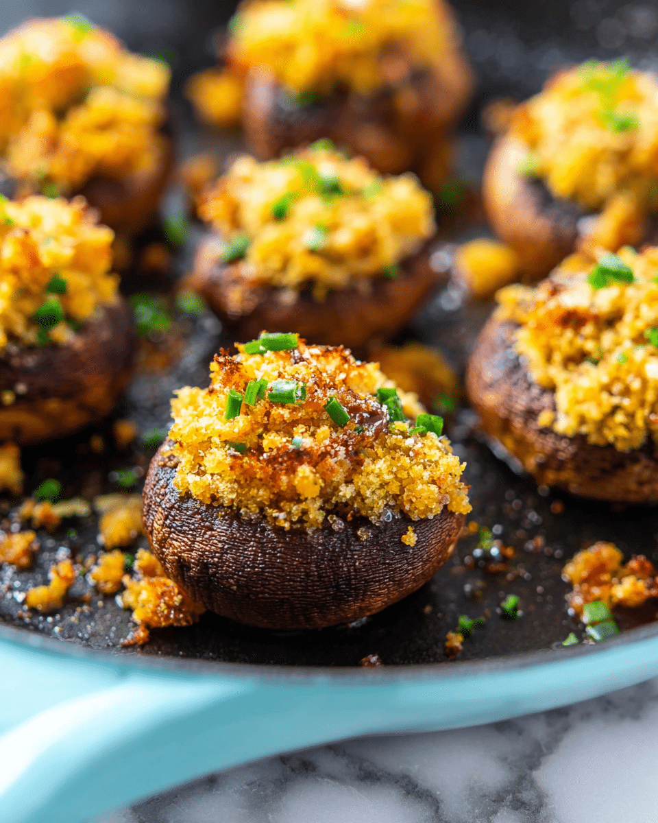 The image shows a close-up of several cooked stuffed mushrooms in a black pan with a light blue handle, placed on a white marbled surface. Each mushroom has a plump, dark brown base with a rough texture, filled with a golden-yellow crumbly topping mixed with bits of light orange and small green chive pieces, creating a slightly crispy look. The mushrooms are arranged closely together and some crumbs are scattered around. The focus is sharp on a front mushroom with softer focus on the others in the background. Photo taken with an iphone --ar 4:5 --v 7