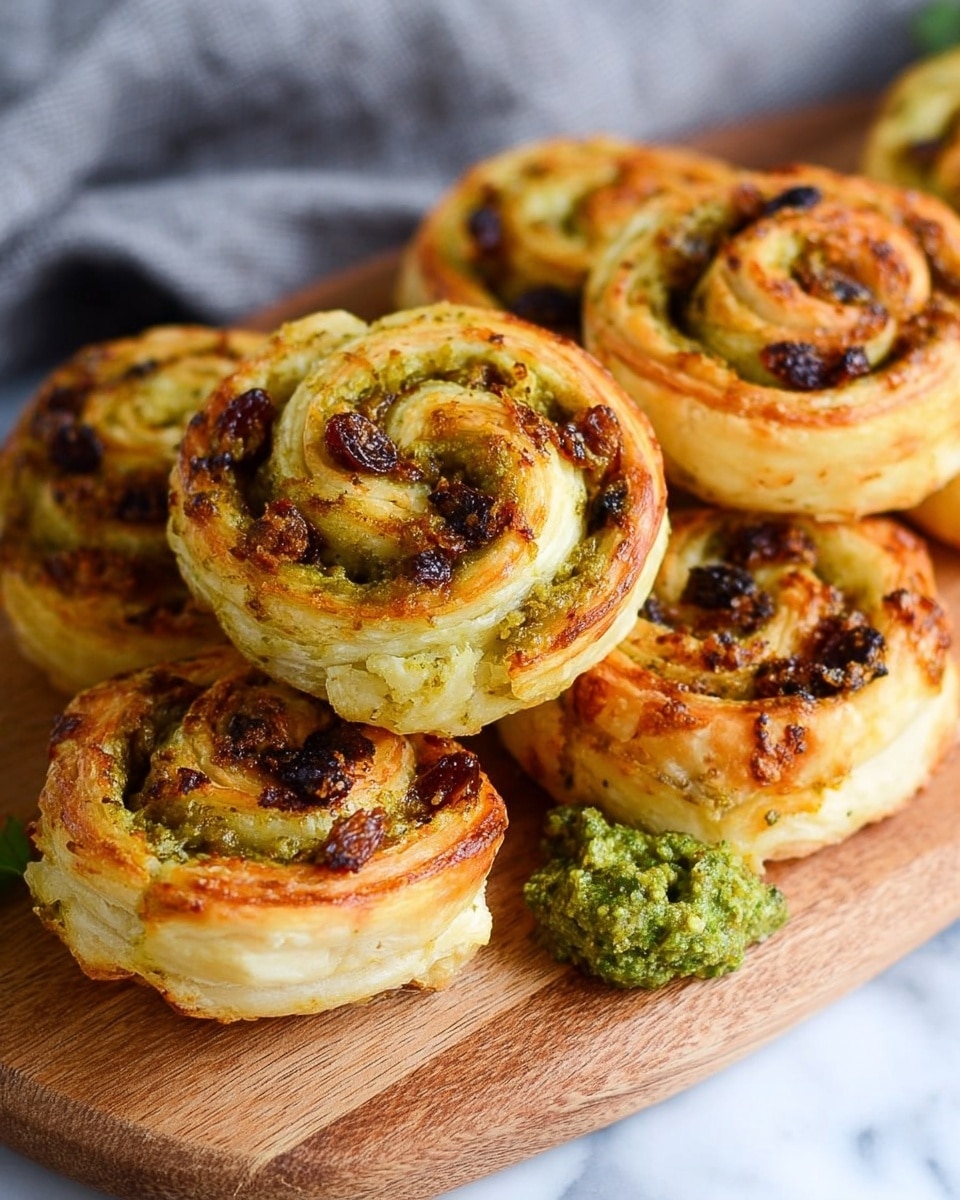 The image shows a close-up of several golden, spiral-shaped puff pastry pinwheels stacked on a wooden board. Each pinwheel has multiple layers of flaky, light brown dough with a filling made of green pesto and small bits of dark raisins or dried fruit spread throughout, giving a speckled texture inside the spirals. The edges of the pinwheels are slightly crispy, and the filling looks soft and moist. There is a small dollop of chunky green pesto placed on the board near the pastries. The background features a white marbled surface with a piece of gray cloth partially visible. photo taken with an iphone --ar 4:5 --v 7
