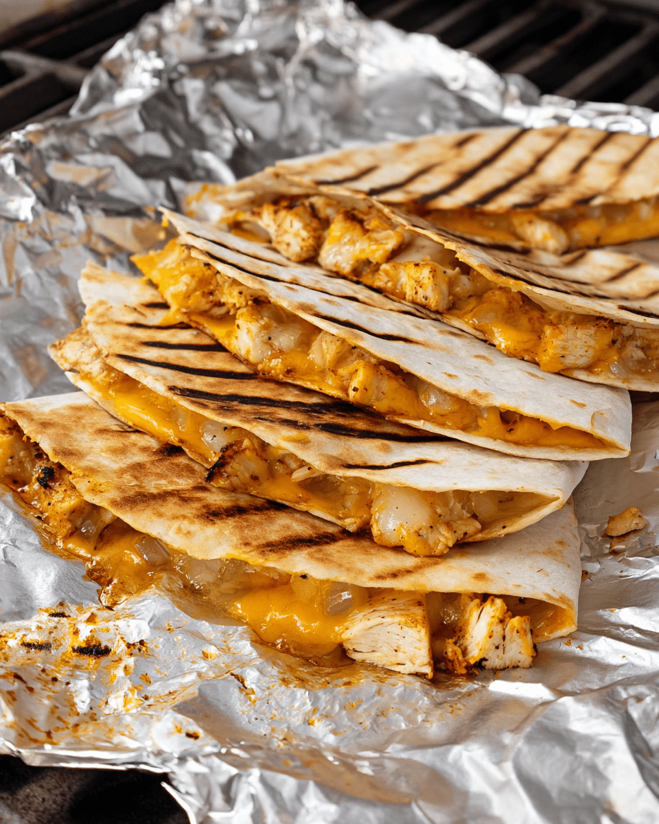 The image shows a stack of four grilled quesadillas arranged on crumpled aluminum foil over a grill. Each quesadilla is folded in half and has a slightly charred white tortilla with golden brown grill marks on the outside. Inside, the quesadillas are filled with melted orange-yellow cheese mixed with small pieces of light brown grilled chicken and bits of onion. The cheese looks gooey and is oozing out from the edges. The foil underneath is shiny and wrinkled, reflecting light and some dark grill marks. The background is a white marbled texture. photo taken with an iphone --ar 4:5 --v 7