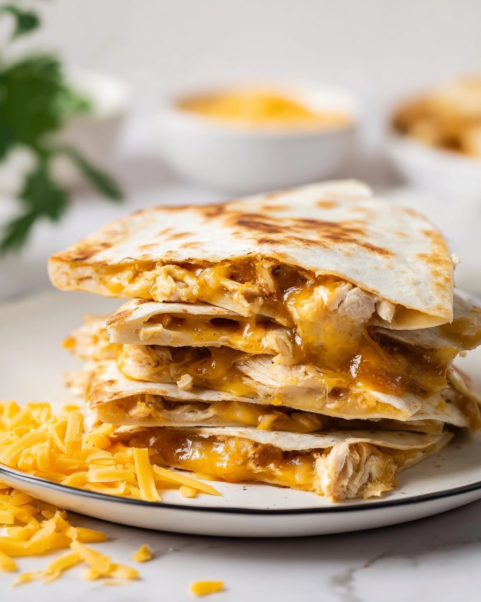 A stack of quesadilla slices on a white plate with a thin black rim, showing three layers of soft, slightly toasted flatbread filled with melted golden-yellow cheese mixed with small chunks of light brown grilled chicken. The cheese looks gooey and shiny, oozing between the layers, which have light brown grill marks and slightly crispy edges. A few shredded cheese pieces are scattered at the base on a white marbled surface, with blurred white bowls and green garnish in the background. Photo taken with an iphone --ar 4:5 --v 7