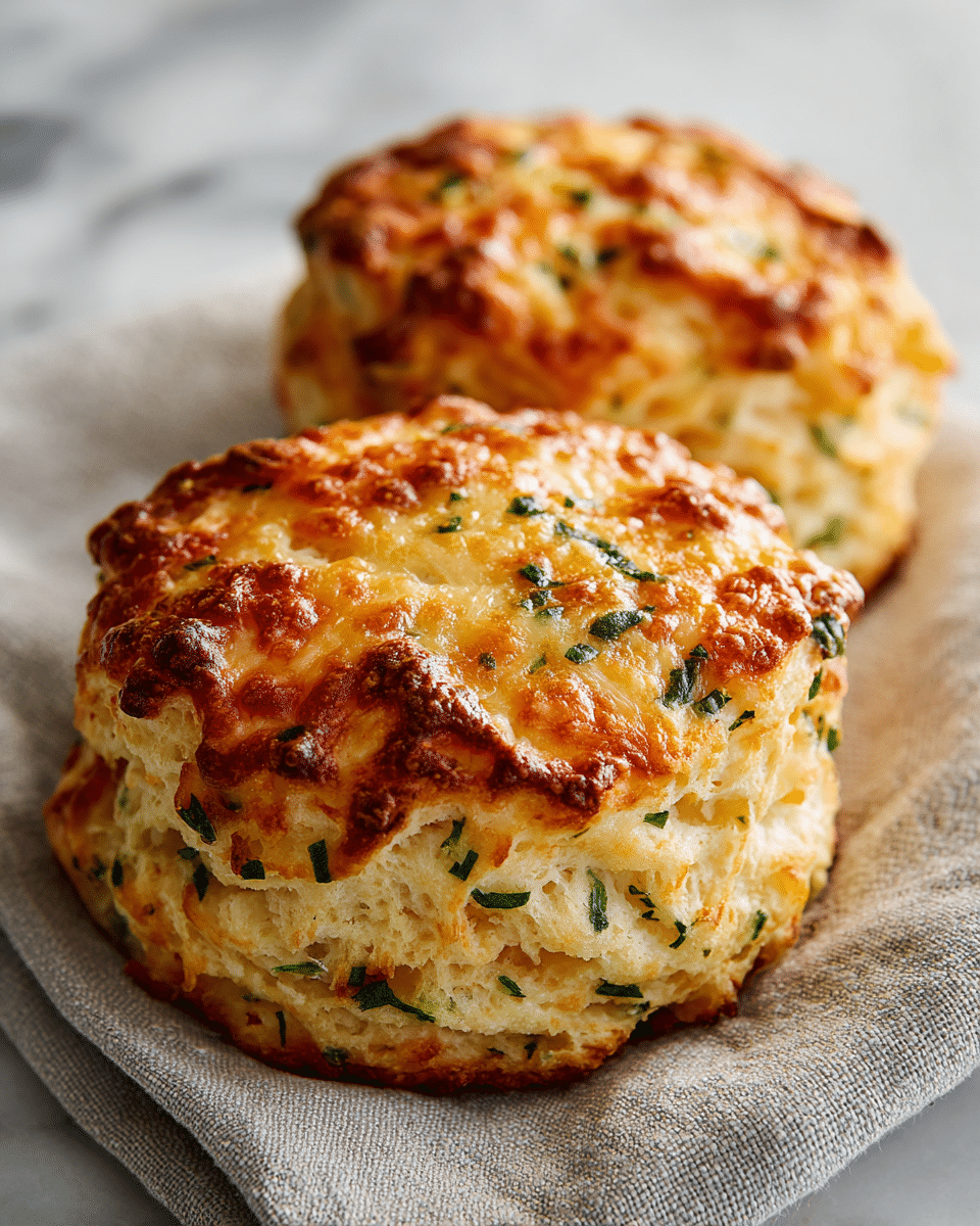 The image shows two round biscuits with a rough, golden-brown top layer that has melted cheese giving it a slightly glossy look. The biscuits are thick with visible flaky layers, and bits of green herbs are visible inside the dough, adding specks of color against the lighter golden dough. They are placed on a light gray cloth, contrasting softly with the warm tones of the biscuits. The surface underneath is a white marbled texture. photo taken with an iphone --ar 4:5 --v 7