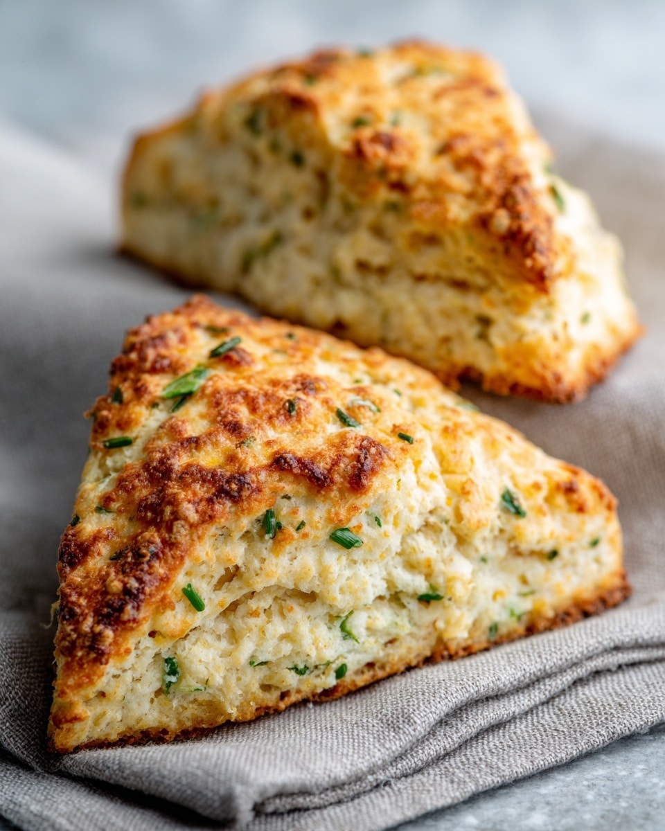 Two triangular scones are placed on a textured surface with a grey cloth napkin underneath. Each scone has a golden brown top with a slightly crispy texture, speckled with small bits of white cheese and green herbs. The interior is light and fluffy with visible layers and flecks of green throughout. The scones appear soft yet crumbly with a slightly rough edge. The background is softly blurred to keep focus on the scones. photo taken with an iphone --ar 4:5 --v 7