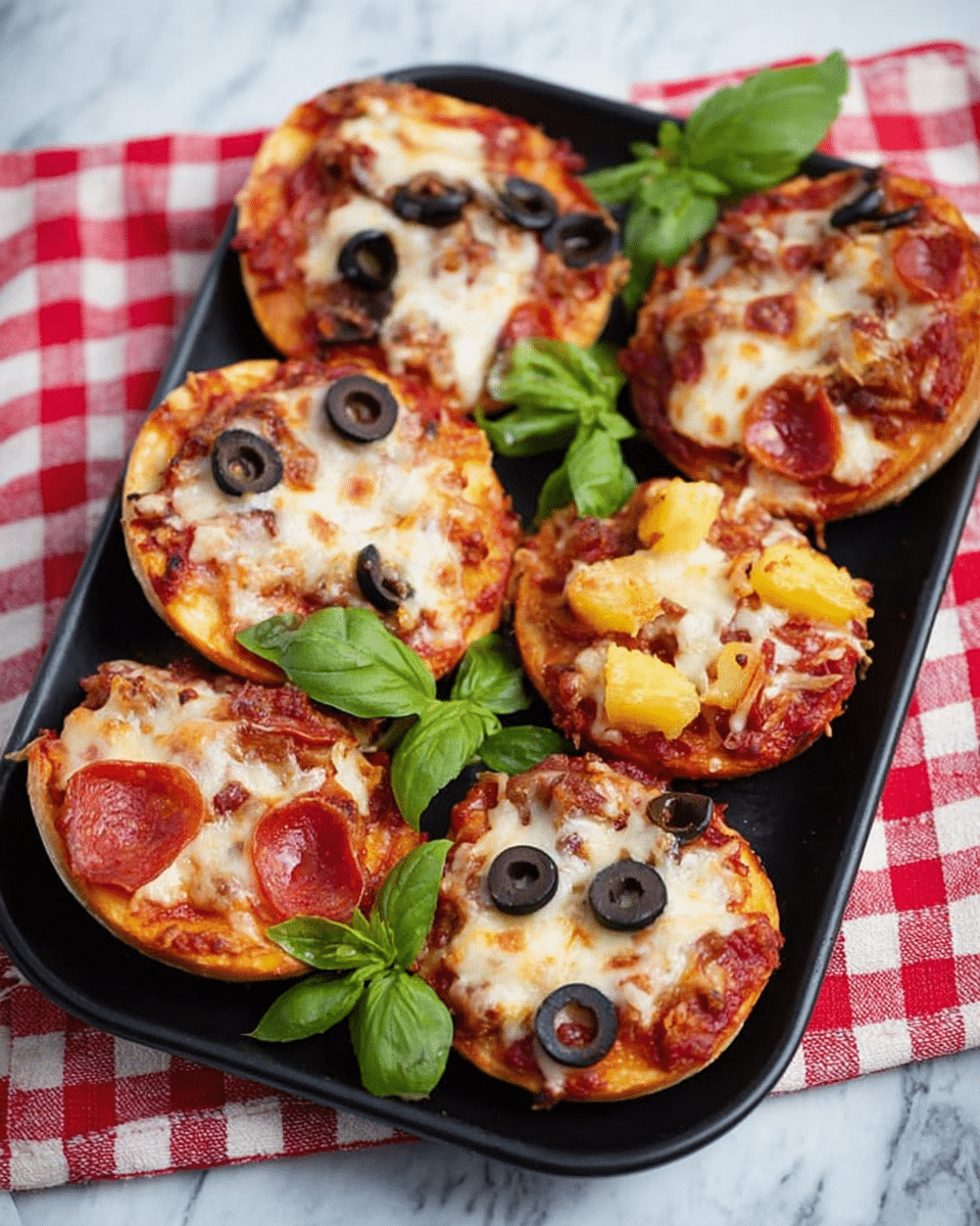 The image shows a black rectangular plate on a white marbled surface holding six small mini pizzas. Each pizza has a base layer of golden-brown crust topped with bright red tomato sauce and melted white cheese. Some have slices of black olives scattered on top, and others have small round pepperoni pieces or chunks of yellow pineapple mixed with bits of cooked ground meat. There are fresh green basil leaves placed on the plate beside the pizzas. The plate rests on a red and white checkered cloth. Photo taken with an iphone --ar 4:5 --v 7