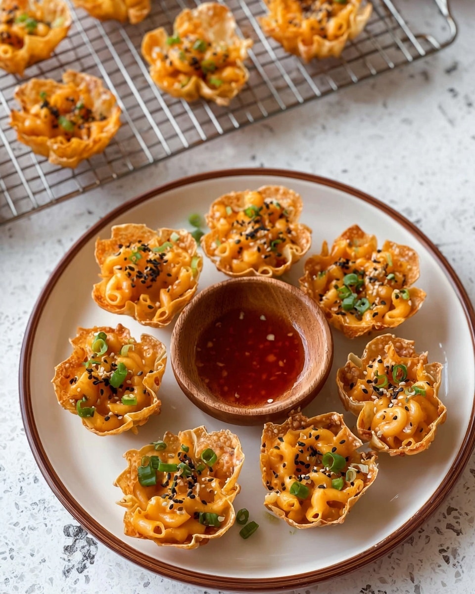 A white round plate with a thin brown rim holds seven small cups made of a crispy shell in a flower shape, each filled with bright orange creamy mixture with visible small pasta pieces. The orange filling is topped with small black sesame seeds and chopped green onions, adding contrast. In the center of the plate, there is a small round wooden bowl filled with reddish-brown dipping sauce. Behind the plate, a cooling rack displays more of the same filled shells. The background is a white marbled surface. photo taken with an iphone --ar 4:5 --v 7