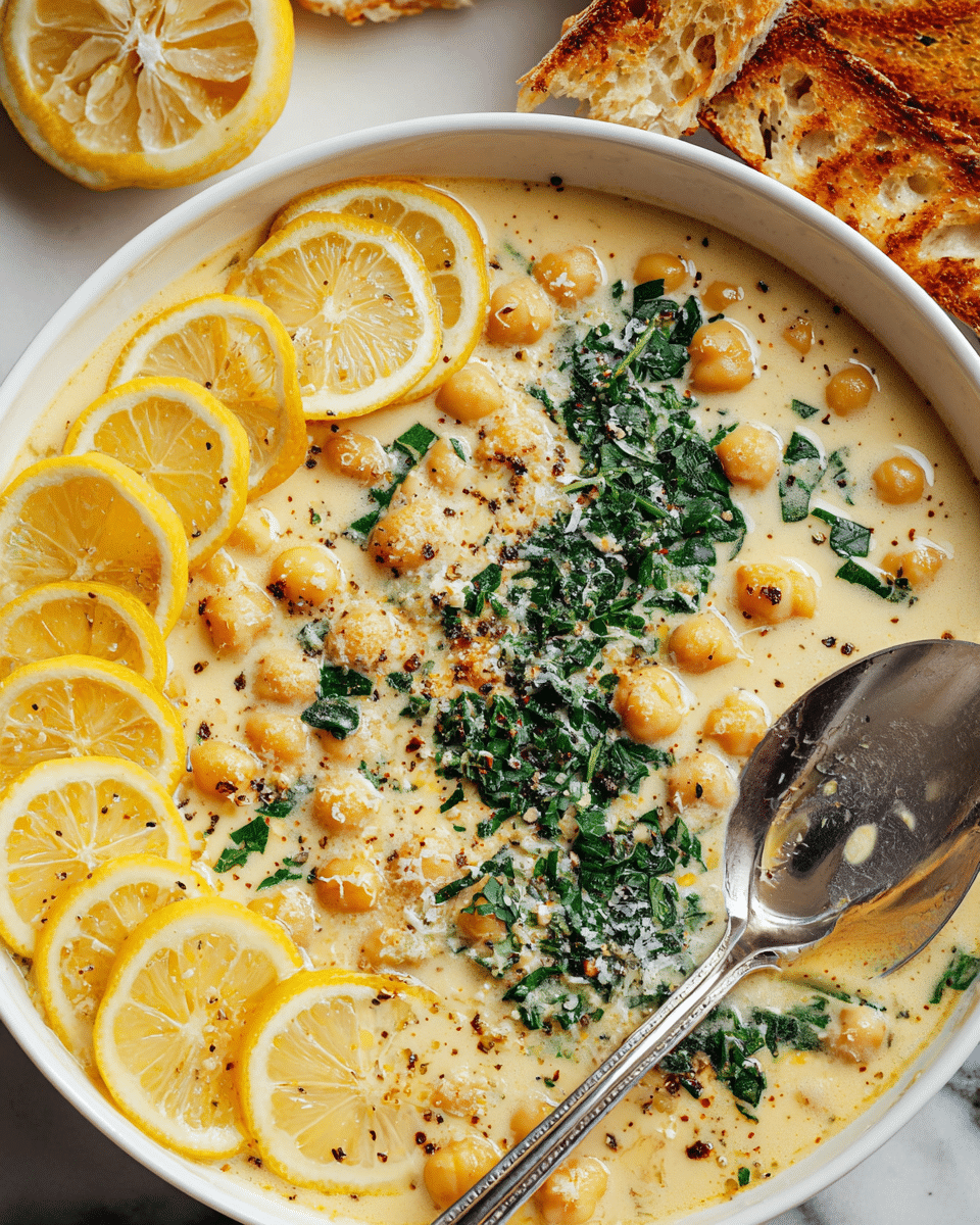 A deep white bowl filled with a creamy, pale yellow chickpea stew with visible whole chickpeas throughout. On one side of the bowl, a line of thin, bright yellow lemon slices is neatly arranged in a slightly overlapping row. Fresh, chopped dark green herbs are generously sprinkled in a thick band next to the lemon slices, partially covering the creamy stew. A large metal serving spoon with a shiny but slightly worn finish rests inside the bowl on the right side. The stew is lightly dusted with small grated cheese pieces and black pepper flakes scattered over the top. In the background, a sliced lemon and toasted bread pieces sit on a white marbled surface. photo taken with an iphone --ar 4:5 --v 7