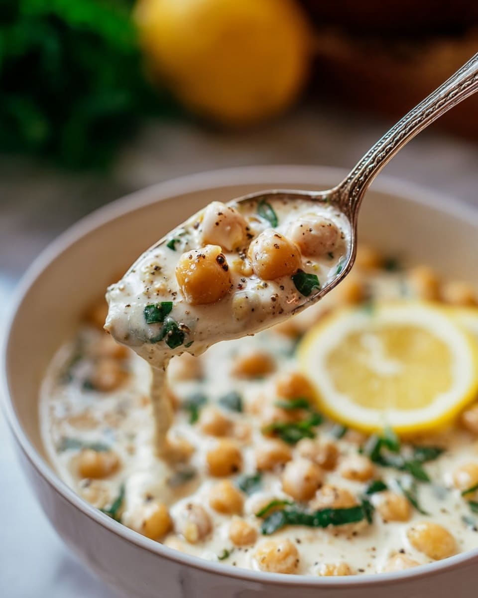 A close-up of a silver spoon holding a creamy, thick white sauce mixed with round chickpeas, speckled with black pepper and small green herbs, lifted above a white bowl. Inside the bowl, the same sauce forms a smooth creamy layer studded with chickpeas, garnished with lemon slices and chopped green herbs, all set against a white marbled surface in the blurred background. Photo taken with an iphone --ar 4:5 --v 7