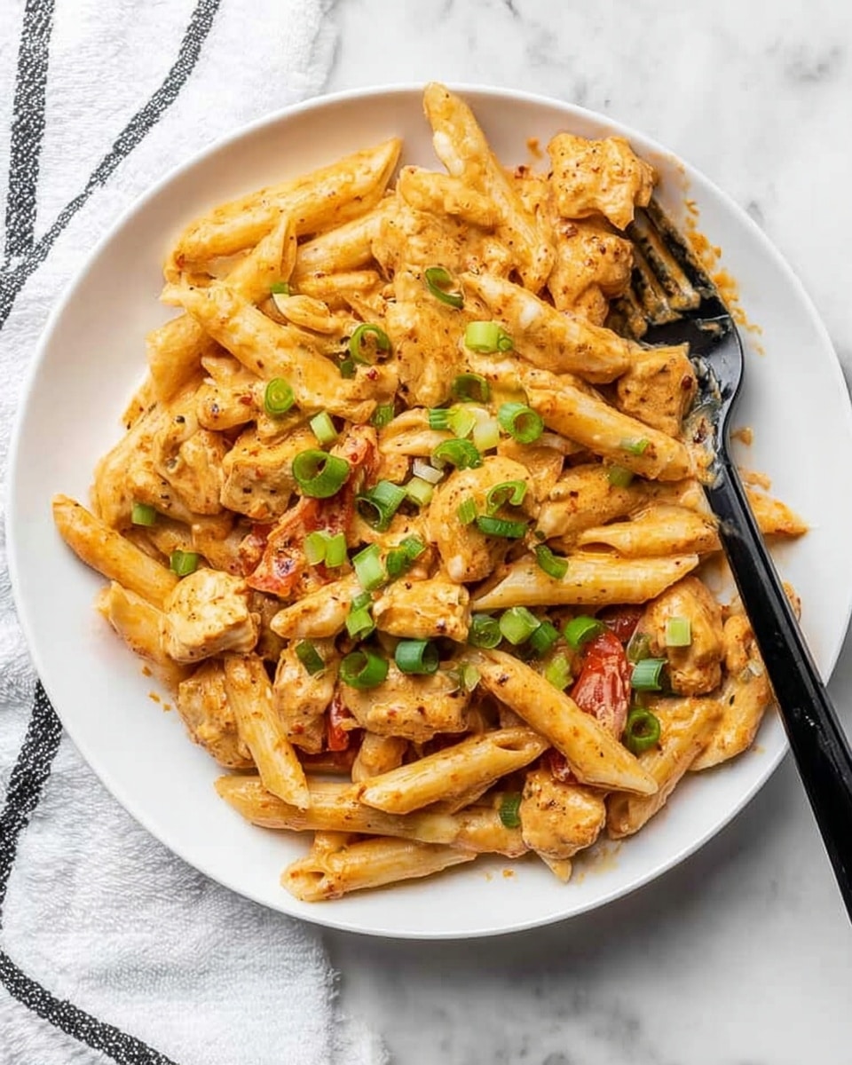A white plate filled with creamy penne pasta coated in a light orange sauce mixed with pieces of cooked chicken, and scattered with chopped green onions on top. The pasta has a slightly glossy texture, with visible herbs throughout the sauce, and some small tomato bits. A black fork is resting on the right side of the plate, partly covered with sauce. The plate is placed on a white marbled surface, and a white cloth with black stripes is partially visible at the bottom left. Photo taken with an iphone --ar 4:5 --v 7