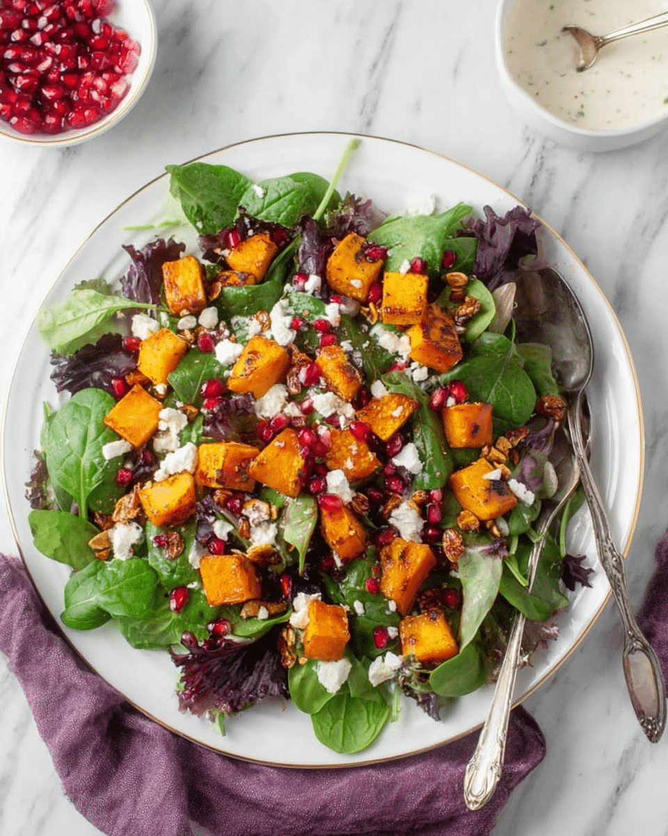 A white plate filled with a mixed green salad that has several layers: a base of leafy greens including spinach and dark purple-red lettuce, scattered roasted orange butternut squash cubes on top, sprinkled with small bright red pomegranate seeds, crumbled white cheese, and some brown nut pieces adding texture. The plate sits on a white marbled surface with a purple cloth napkin on the side, accompanied by a small white bowl of pomegranate seeds and a white bowl with light dressing nearby, with a silver spoon placed casually next to the plate. photo taken with an iphone --ar 4:5 --v 7