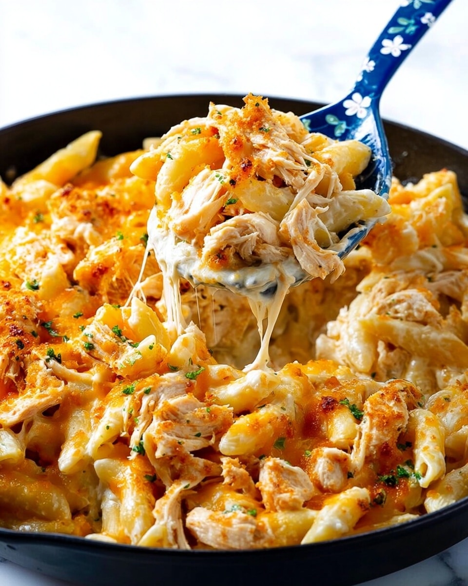 A close-up view of a black skillet filled with creamy macaroni and cheese mixed with shredded cooked chicken. The macaroni is coated in melted white and orange cheese, creating a rich, gooey texture. The shredded chicken is scattered throughout, showing a golden-brown color with slightly crispy edges. Some green herb bits are sprinkled on top for a touch of color. A blue spoon with a white floral pattern lifts a portion of the cheesy pasta and chicken, stretching out some melted cheese. The background has a clean white marbled surface. Photo taken with an iphone --ar 4:5 --v 7