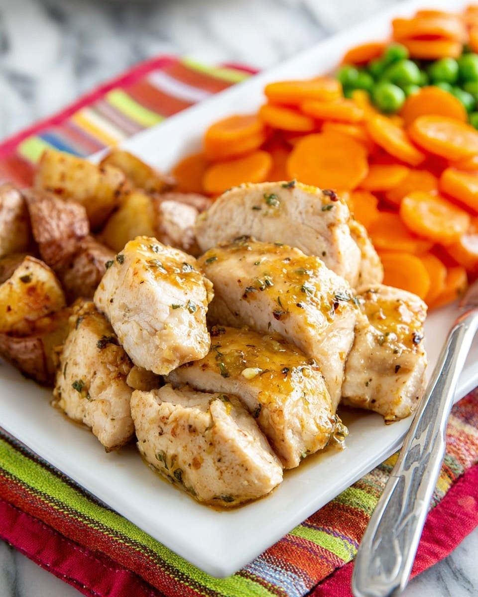 The image shows a close-up of golden brown chicken pieces cooking in a black cast iron pan. The chicken chunks are coated with a shiny glaze and have specks of black pepper and herbs on their crispy surface. A wooden spoon is lifting some of the chicken, adding a natural texture contrast. The pan rests on a white marbled surface with a colorful striped cloth partly visible beneath it. The lighting highlights the glossy, tender pieces and creates a warm, inviting feel. photo taken with an iphone --ar 4:5 --v 7