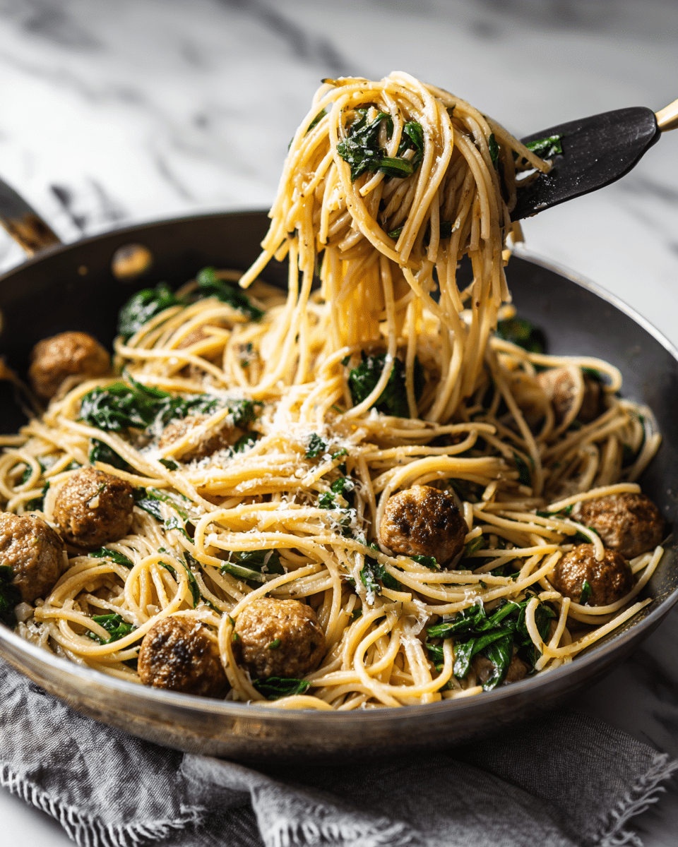 A pan filled with spaghetti noodles mixed with small golden-brown meatballs and scattered dark green chopped spinach leaves. The spaghetti strands are light beige, slightly glossy from sauce, and tangled with the greens and meatballs. A black utensil is lifting a portion of the noodles with meatballs, showing the mix held above the pan. The pan sits on a white marbled surface with a gray cloth nearby. The lighting is soft, highlighting the textures of the noodles, meatballs, and spinach. photo taken with an iphone --ar 4:5 --v 7