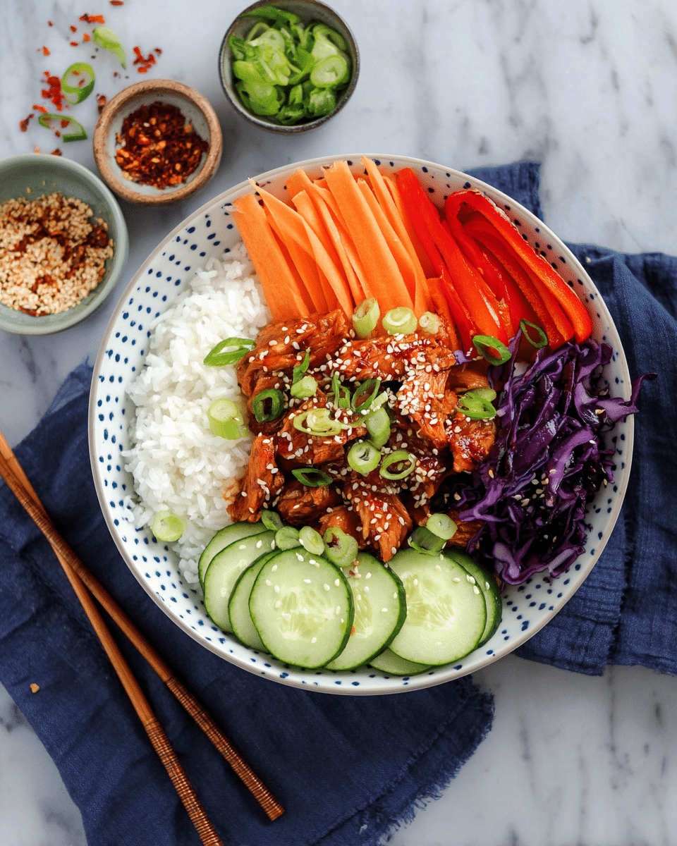 A white bowl with light blue dots holds a colorful dish with five visible sections: white rice on the left, bright orange carrot sticks on the top right, red bell pepper strips below the carrots, light green cucumber slices at the bottom right, and dark purple shredded cabbage on the bottom left. At the center, there is a pile of reddish-brown cooked chicken pieces sprinkled with white sesame seeds and sliced green onions. The bowl sits on a navy blue cloth on a white marbled surface, surrounded by small dishes holding sesame seeds, red chili flakes, and cucumber slices, with a pair of chopsticks resting on the left side of the bowl. Photo taken with an iphone --ar 4:5 --v 7