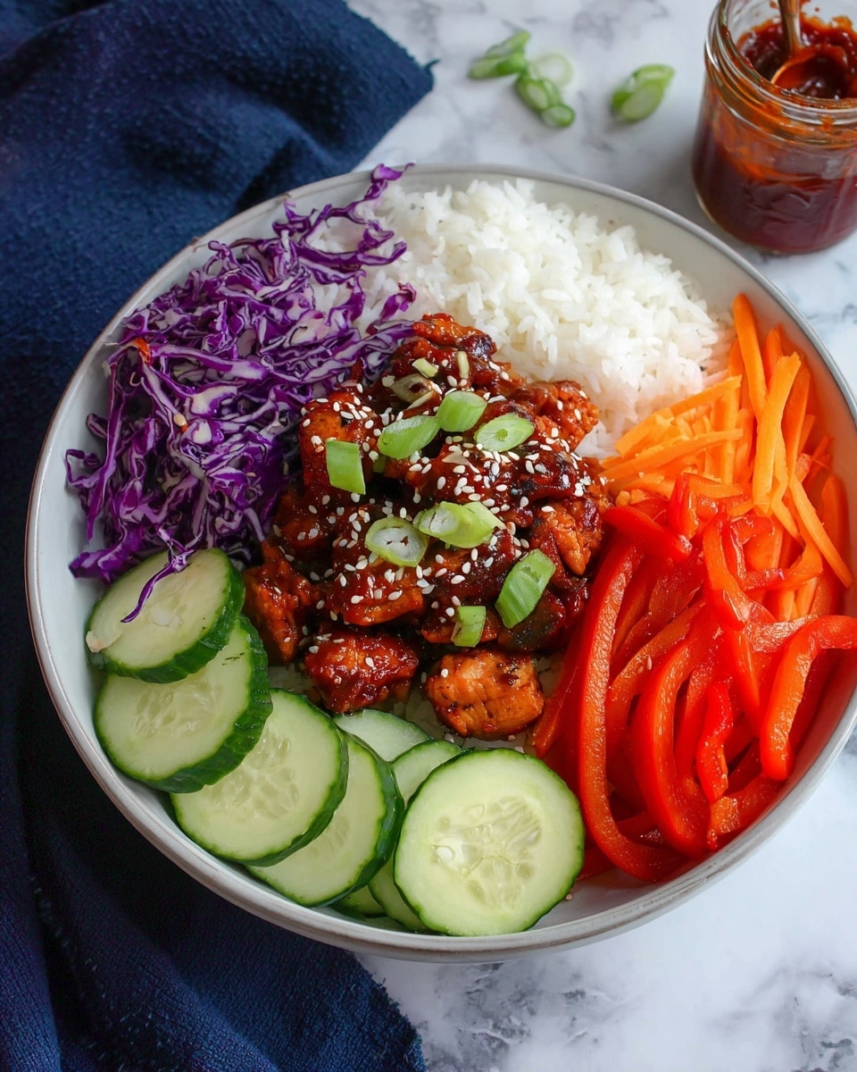 A white bowl holds a colorful mix of food in five sections arranged around the center. On the left is shredded purple cabbage with a rough texture. Next to it is a pile of white rice with a soft and fluffy look. In the middle, there are small pieces of cooked chicken coated in a dark reddish-brown sauce, topped with white sesame seeds and sliced green onions. To the right are thin, bright orange carrot sticks, and next to them, red bell pepper strips with a shiny, smooth surface. At the bottom, overlapping the chicken and peppers, are round slices of fresh green cucumber showing seeds inside. The bowl sits on a white marbled surface with a dark blue cloth and a glass jar of red sauce nearby. photo taken with an iphone --ar 4:5 --v 7
