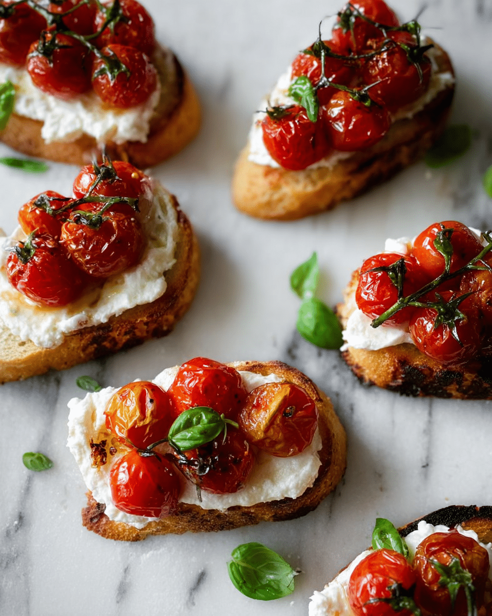 The image shows six pieces of toasted bread slices placed directly on a white marbled surface. Each bread slice is topped with a thick layer of white creamy cheese, followed by bright red roasted cherry tomatoes, some still on dark green thin stems. Small fresh green basil leaves are scattered on top of some toasts and around them on the surface, adding a touch of color contrast. The bread looks slightly golden with some grilled marks visible on a few slices. The whole setting is simple with natural lighting creating soft shadows. photo taken with an iphone --ar 4:5 --v 7
