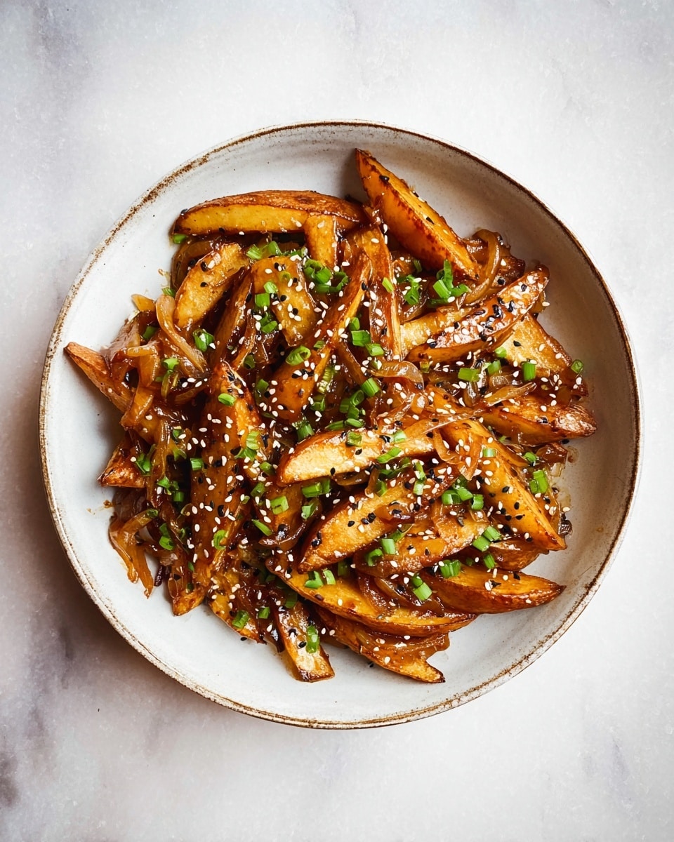 The dish is a bowl filled with cooked, golden-brown potato wedges that have a slightly crispy texture. These wedges are mixed with caramelized onions that are light brown and soft, adding extra layers and texture. Scattered on top are small green pieces of chopped scallions, providing a fresh contrast, and sprinkled white and black sesame seeds, adding dots of color and texture throughout. The bowl is white with a subtle rustic edge, and it sits on a white marbled surface. The lighting highlights the glossy, slightly sticky sauce coating the potato wedges, making them look juicy and flavorful. photo taken with an iphone --ar 4:5 --v 7