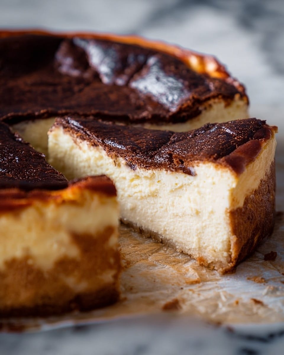A close-up of a cheesecake with one slice cut out on parchment paper, showing two main layers: a thick, creamy off-white layer with a soft, smooth texture at the bottom, and a dark brown, slightly burnt-looking top layer with a wrinkled surface. The cake edges are golden brown and slightly cracked, with crumbs scattered around the base. The background is a white marbled surface, photo taken with an iphone --ar 4:5 --v 7